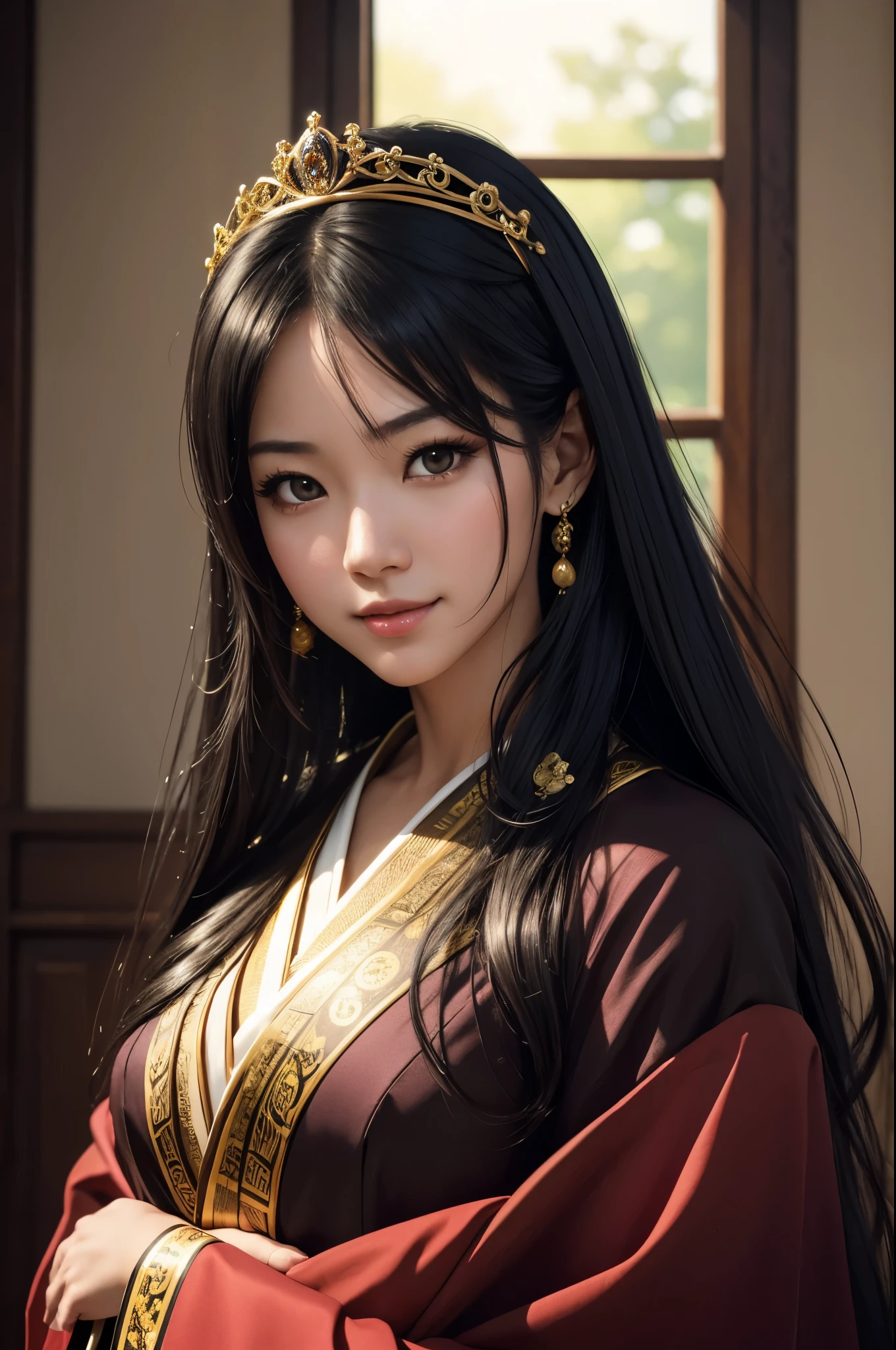 (8K,Photoreal born写真 highest quality;1.4) 1 mature female,Super beautiful(lifelike face) ,(long black hair),Gorgeous Japanese women's traditional costumes,seduce the viewer,beautiful expression,moist black eyes,Queenのメイクアップ,(Queen),Charm,small breasts,Golden decoration,Super high resolution,surreal,high details,rich colors, Backlight, cinematic lighting, film grain, born, 50mm lens, Nikon D850,smile,Super realistic,highest qualityのフォトリアリスティックなRAW写真。Bright colors,perfect woman image,fantasy art,character art,background,A room in a big mansion,