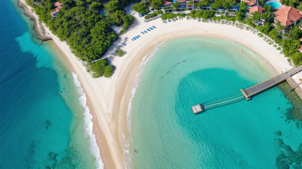 High above the azure waters, a high-altitude drone captures a breathtaking panoramic view of a stunning tropical beach. The sandy shore stretches endlessly, dotted with a few sunbathers basking under the warm sun and seeking shade beneath vibrant sun umbrellas. The crystal-clear water gently caresses the shoreline, inviting swimmers and surfers alike. This picturesque scene, captured in exquisite detail, immerses the viewer in the paradise-like setting, evoking a sense of tranquility and awe.