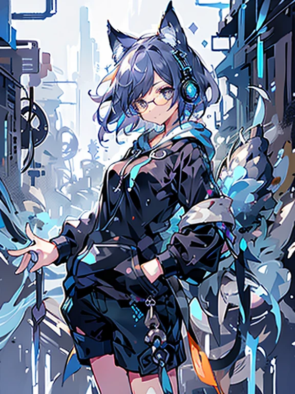 8K high quality、((first-class))、((masterpiece))、((Super detailed))、1 female、solo、outrageously absurd、oversized hoodie、headphones、street、Exterior light、Rain at night、neon、short cut hair、light colored eyes、put one's hand in one's pocket、shorts、Water dripping、blue hair gradient purple、bob hair、Glasses、Cat ear、animal ears、Sparkling eyes
