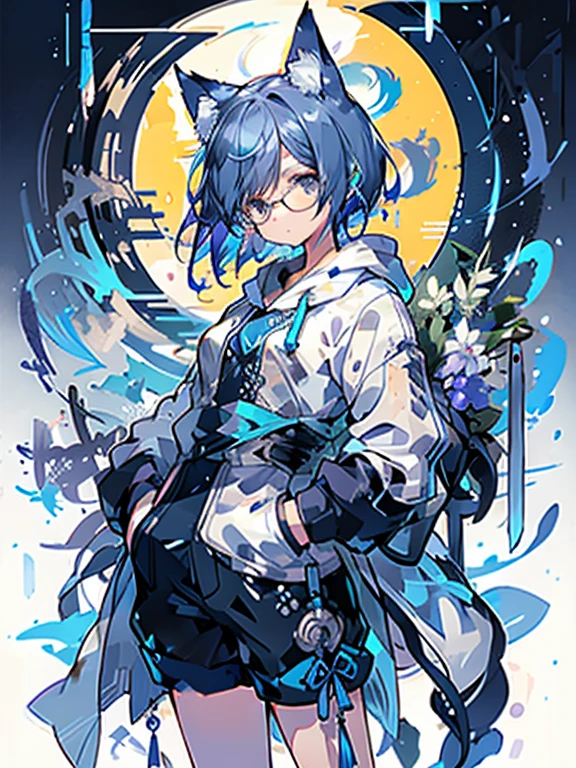 8K high quality、((first-class))、((masterpiece))、((Super detailed))、1 female、solo、outrageously absurd、oversized hoodie、headphones、street、Exterior light、Rain at night、neon、short cut hair、light colored eyes、put one's hand in one's pocket、shorts、Water dripping、blue hair gradient purple、bob hair、Glasses、Cat ear、animal ears、Sparkling eyes