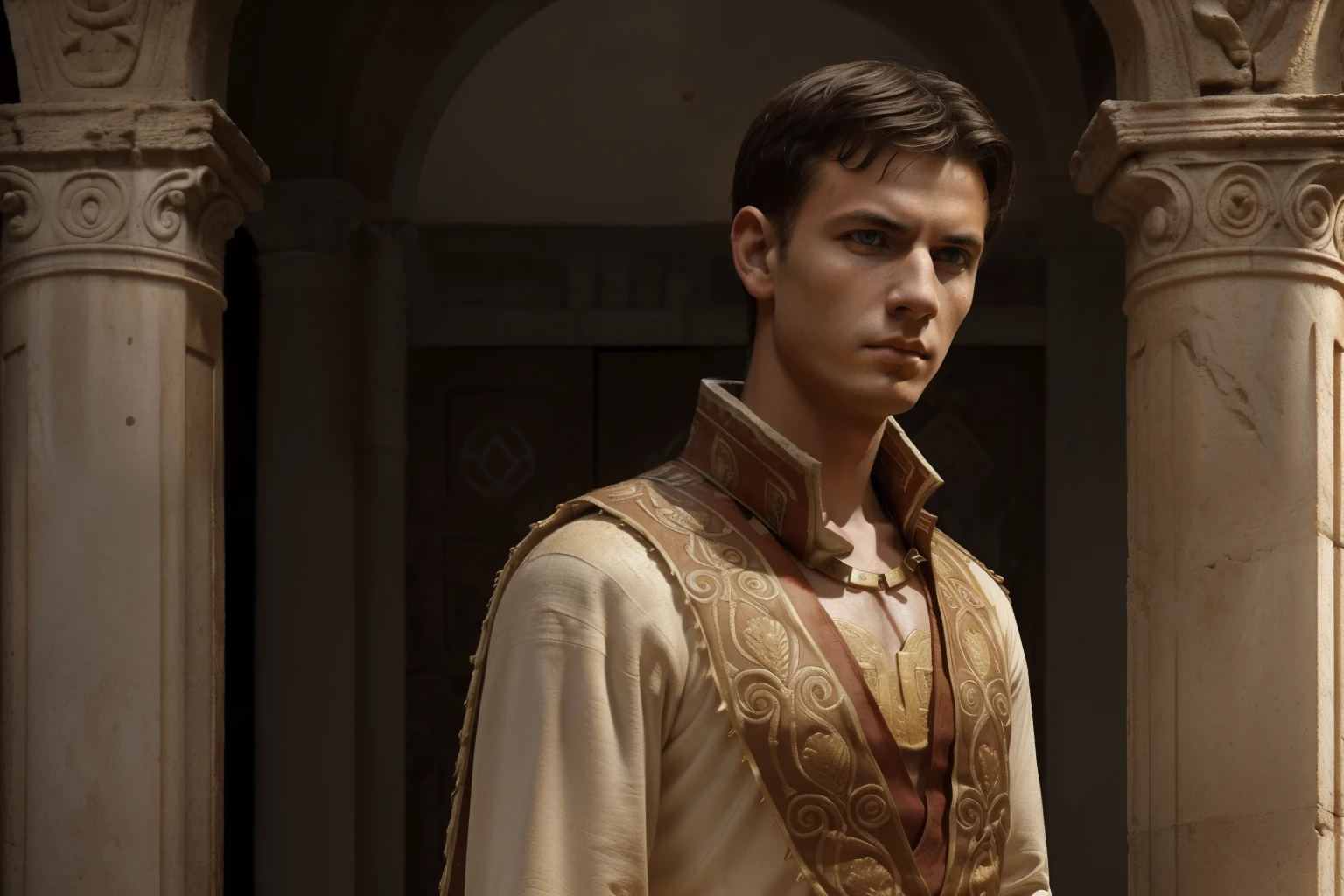 Rome, 77 BC. A young ((((18-year-old)) Julius Caesar)), flamen dialis, apex in his head, in a mansion, ((cold, determined expression)). ((((roman clothings from the 1st century BC))))