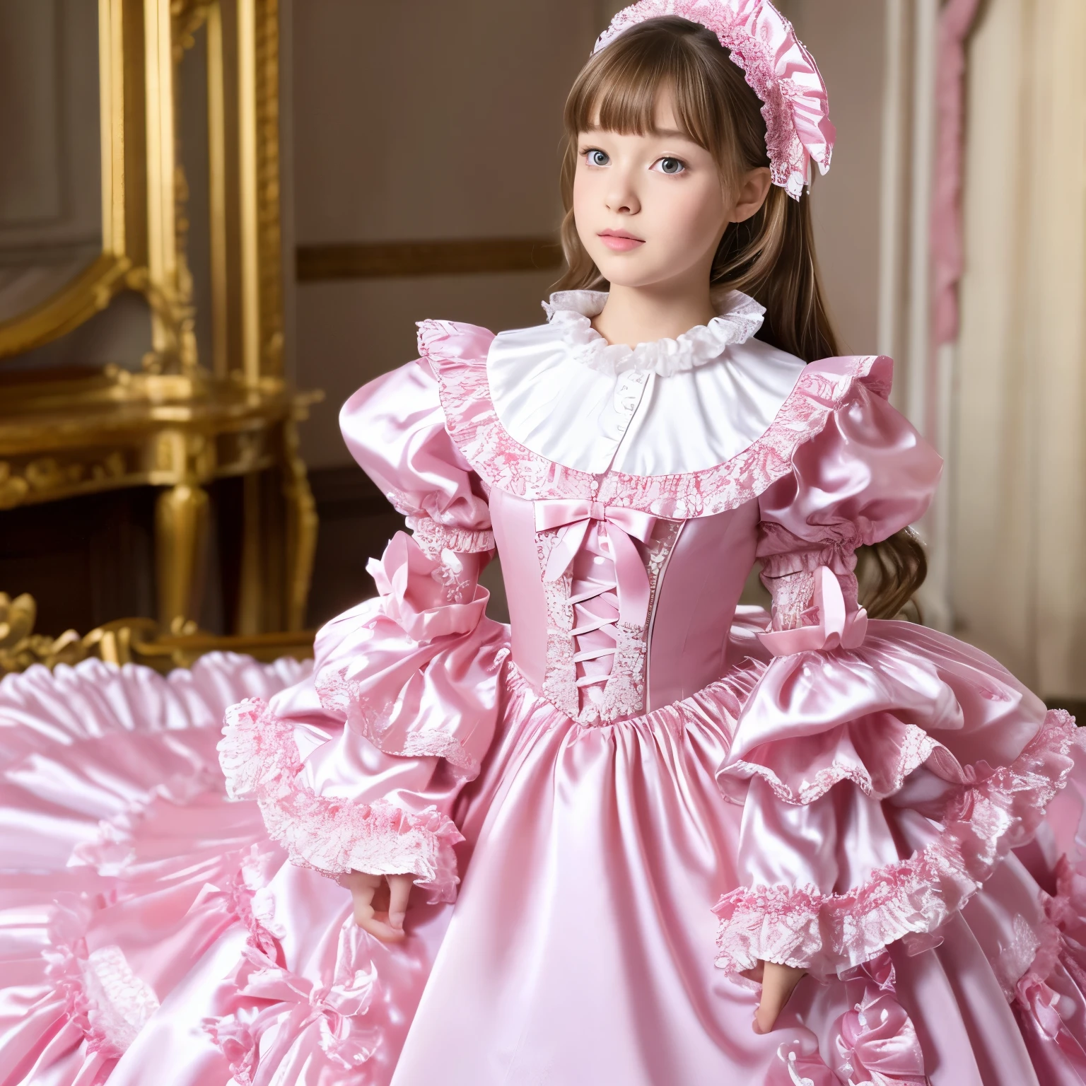 ,highest quality, masterpiece, highest resolution, artwork, super それにget used to it, many get used to it, get used to it, それにget used to it, 3K realistic photos,,(( girls)),Super detailed baby face,They&#39princesses,Full length ball gown dress with hoop skirt,ruffled yoke collar,puff sleeves,long sleeve,((Lolita style hot pink detailed princess satin dress、Comes with lots of frills and ribbons。)),roco colorita fashion,shiny satin dress,Soft and smooth fabric,luxury,long blonde hair,blue eyes,white skin european,pajamas,((inside the palace)),