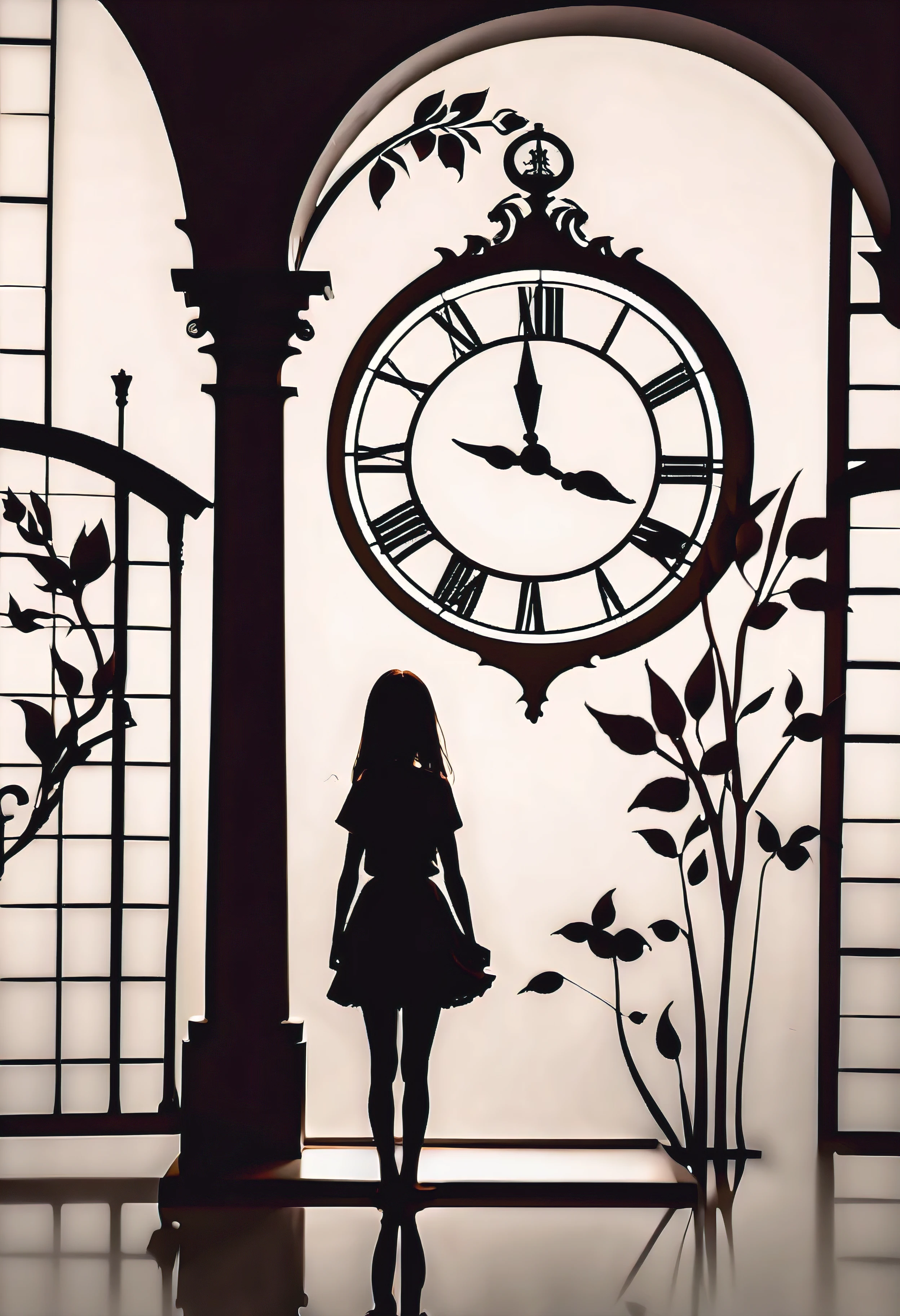 (Masterpiece in maximum 16K resolution:1.6), ((darkest_insane_silhouette_illustration):1.2),(intricate detail:1.4), (extremely insane detail:1.4),(highest quality:1.3),(Hyper_realistic:1.3). | Black and white, silhoutte art, female figure, elegant pose, flowing hair, graceful curves, subtle details, minimalistic background, soft lighting, delicate features, captivating composition, expressive eyes, slender silhouette, artistic interpretation. | ((silhoutte_of_pretty_girl_waiting under a clock):1.5), ((waiting pose):1.2), ((withered flower background):1.1), each flower detailed and rendered with a masterful gouache technique, silhoutte art behance,surreal, It gives a romantic aura. | (perfect_fingers:1.0), (perfect_legs:1.0), better_hands, More_Detail.