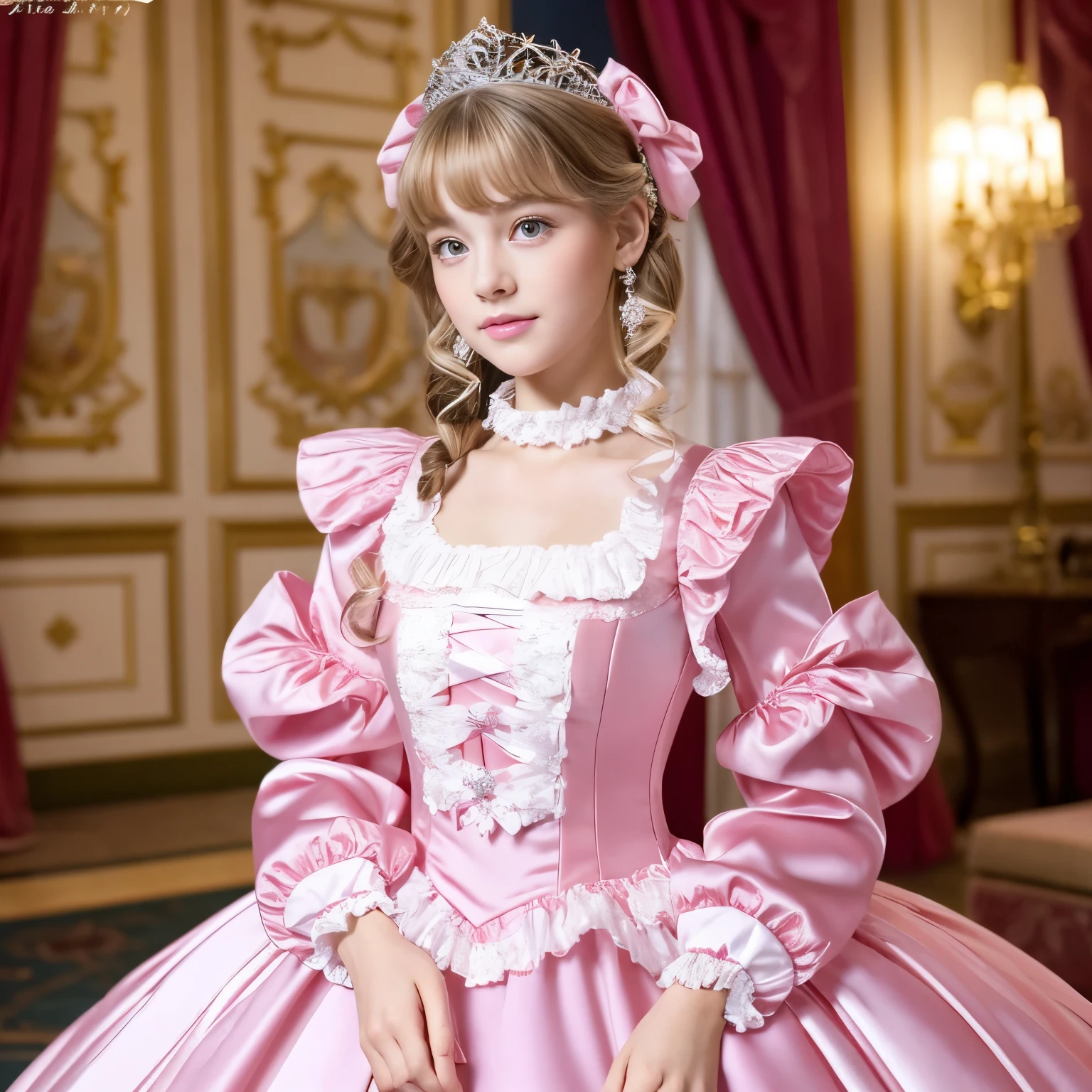 ,highest quality, masterpiece, highest resolution, artwork, super それにget used to it, many get used to it, get used to it, それにget used to it, 3k realistic pictures,,((10 year old little girls)),Ultra-detailed juvenile face,two are princesses,full length ball gown dress with hoop skirt,ruffled yoke collar,puff sleeves,long sleeve,((Lolita style hot pink detailed princess satin dress with lots of ruffles and ribbons)),Rococo style lolita fashion,shiny satin dress,Soft and smooth fabric,luxury,long blonde hair,blue eyes,white skin european,Pajama,((in the bedroom)),