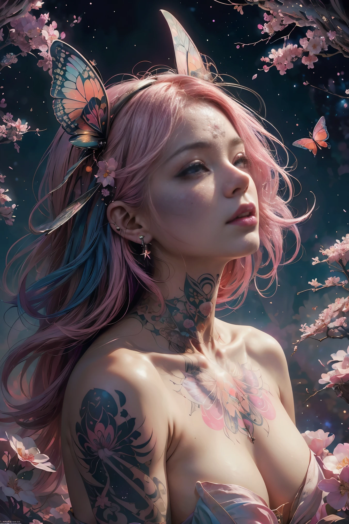 (masterpiece, top quality, best quality, official art, beautiful, cosmic, atmospheric, psychedelic, dreamlike and aesthetic:1.2), (1girl, pink hair, tons of tattoos and piercings), extreme detailed,(fractal art:1.3),colorful,highest detailed, cherry blossoms and butterflies blowing in the wind