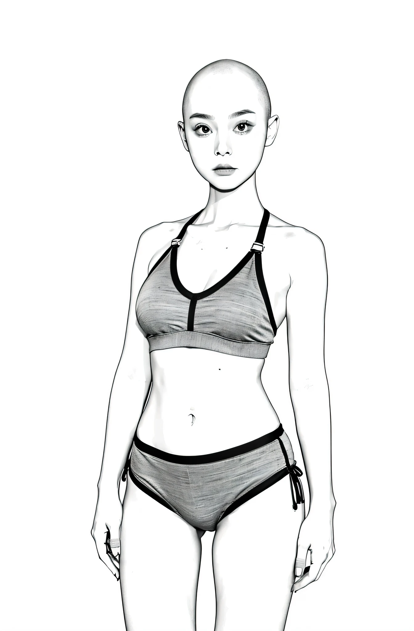 Pure line drawing,bald,girl,Simple tube top,stand,Physical standards,Proportional coordination,big eyes,The eyes are relatively large,Remove the shoulder straps,remove gray,white underwear,pinch waist