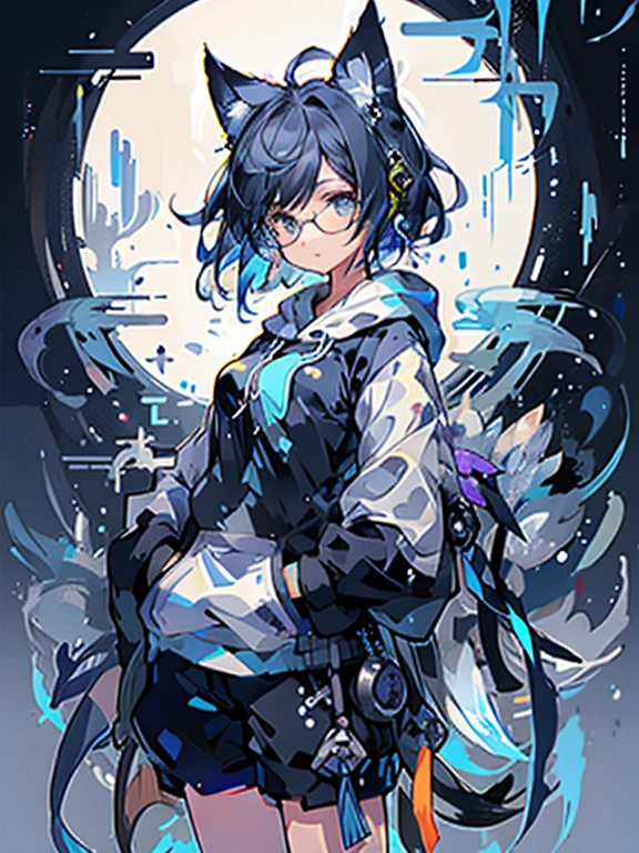 8K high quality、((first-class))、((masterpiece))、((Super detailed))、1 female、solo、outrageously absurd、oversized hoodie、headphones、street、Exterior light、Rain at night、neon、short cut hair、light colored eyes、put one&#39;s hand in one&#39;s pocket、shorts、Water dripping、blue hair gradient purple、bob hair、Glasses、Cat ear、animal ears、Sparkling eyes

