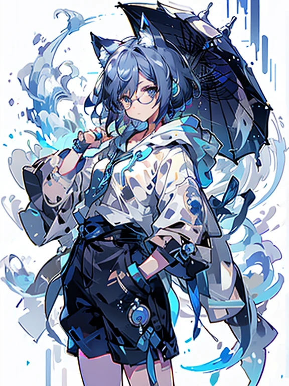 8K high quality、((first-class))、((masterpiece))、((Super detailed))、1 female、solo、outrageously absurd、oversized hoodie、headphones、street、Exterior light、Rain at night、neon、short cut hair、light colored eyes、put one's hand in one's pocket、shorts、Water dripping、blue hair gradient purple、bob hair、Glasses、Cat ear、animal ears、Sparkling eyes