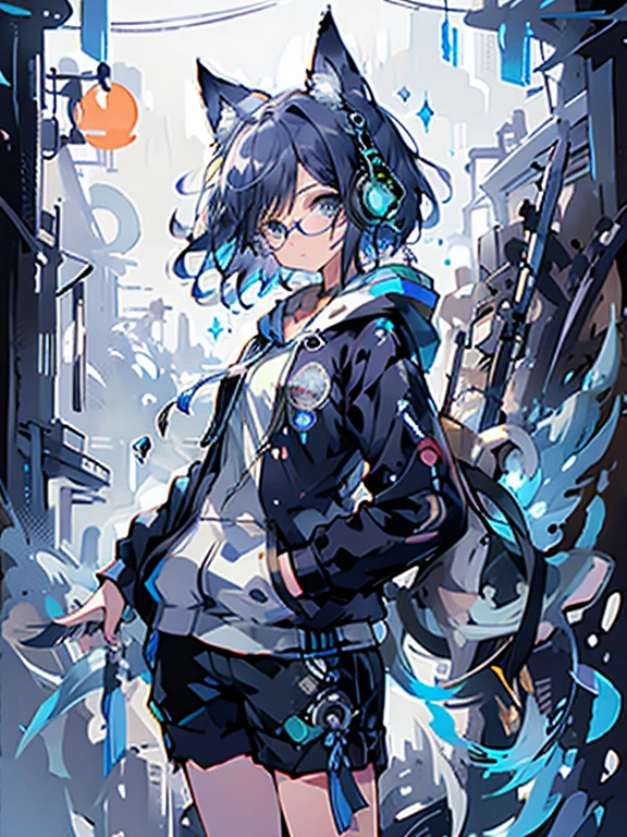 8K high quality、((first-class))、((masterpiece))、((Super detailed))、1 female、solo、outrageously absurd、oversized hoodie、headphones、street、Exterior light、Rain at night、neon、short cut hair、light colored eyes、put one's hand in one's pocket、shorts、Water dripping、blue hair gradient purple、bob hair、Glasses、Cat ear、animal ears、Sparkling eyes