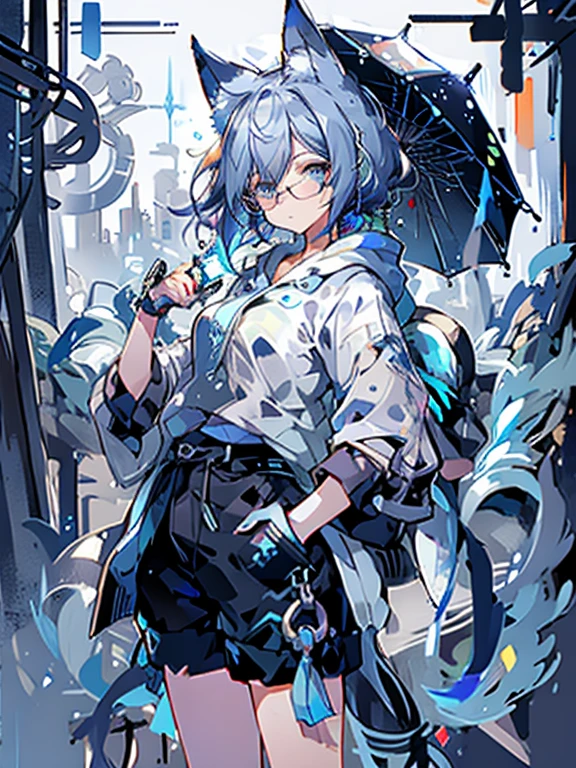 8K high quality、((first-class))、((masterpiece))、((Super detailed))、1 female、solo、outrageously absurd、oversized hoodie、headphones、street、Exterior light、Rain at night、neon、short cut hair、light colored eyes、put one's hand in one's pocket、shorts、Water dripping、blue hair gradient purple、bob hair、Glasses、Cat ear、animal ears、Sparkling eyes