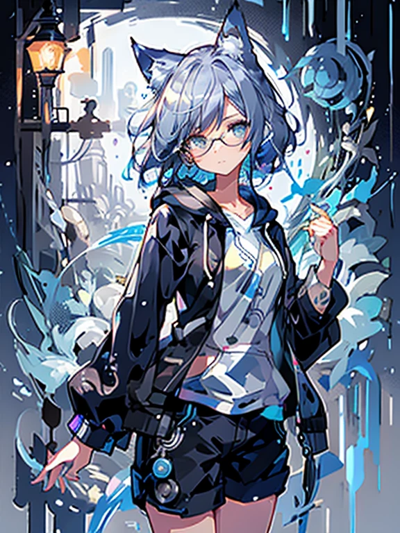 8K high quality、((first-class))、((masterpiece))、((Super detailed))、1 female、solo、outrageously absurd、oversized hoodie、headphones、street、Exterior light、Rain at night、neon、short cut hair、light colored eyes、put one's hand in one's pocket、shorts、Water dripping、blue hair gradient purple、bob hair、Glasses、Cat ear、animal ears、Sparkling eyes