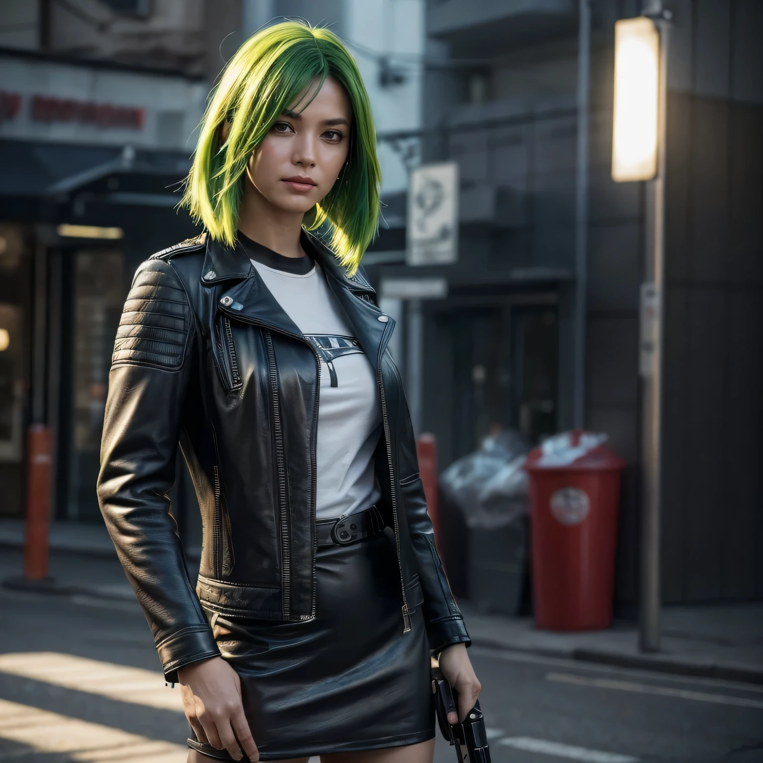 Cyberpunk-city,green hair,Full Length,Looks straight,holding a cyberpunk pistol in his right hand,wear a short cyberpunk skirt,Full Length, (photo Realistic:1.4), (hyper Realistic:1.4), (Realistic:1.3), (smoother lighting:1.05), (improve the quality of cinematic lighting:0.9), 32K, 1 girl,20 year old girl, Realistic lighting, backlight, face the world, ray tracing, (bright light:1.2), (Increase quality:1.4), (Premium real leather texture.:1.4), very detailed eyes, finely detailed face, (fatigue, drowsiness and joy), (laughter:0), t-shirts, (Improve your body line mood:1.1), (Increase the beauty of skin texture:1.1),