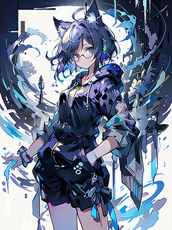 8K high quality、((first-class))、((masterpiece))、((Super detailed))、1 female、solo、outrageously absurd、oversized hoodie、headphones、street、Exterior light、Rain at night、neon、short cut hair、light colored eyes、put one's hand in one's pocket、shorts、Water dripping、blue hair gradient purple、bob hair、Glasses、Cat ear、animal ears、Sparkling eyes