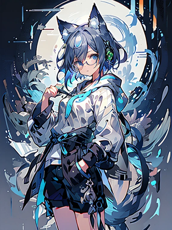 8K high quality、((first-class))、((masterpiece))、((Super detailed))、1 female、solo、outrageously absurd、oversized hoodie、headphones、street、Exterior light、Rain at night、neon、short cut hair、light colored eyes、put one's hand in one's pocket、shorts、Water dripping、blue hair gradient purple、bob hair、Glasses、Cat ear、animal ears、Sparkling eyes