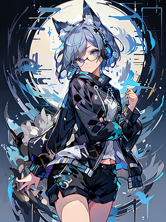8K high quality、((first-class))、((masterpiece))、((Super detailed))、1 female、solo、outrageously absurd、oversized hoodie、headphones、street、Exterior light、Rain at night、neon、short cut hair、light colored eyes、put one&#39;s hand in one&#39;s pocket、shorts、Water dripping、blue hair gradient purple、bob hair、Glasses、Cat ear、animal ears、Sparkling eyes

