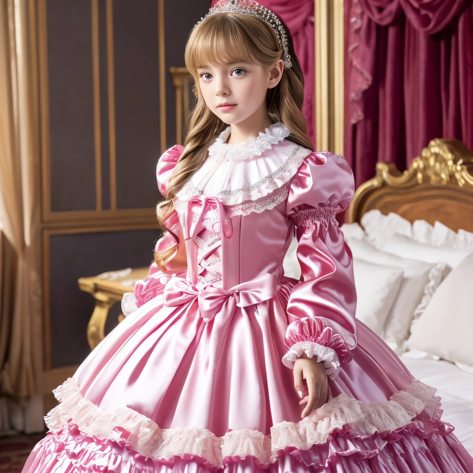 ,highest quality, masterpiece, highest resolution, artwork, super それにget used to it, many get used to it, get used to it, それにget used to it, 3k realistic pictures,,((10 year old little girls)),Ultra-detailed juvenile face,two are princesses,full length ball gown dress with hoop skirt,ruffled yoke collar,puff sleeves,long sleeve,((Lolita style hot pink detailed princess satin dress with lots of ruffles and ribbons)),Rococo style lolita fashion,shiny satin dress,Soft and smooth fabric,luxury,long blonde hair,blue eyes,white skin european,Pajama,((in the bedroom)),