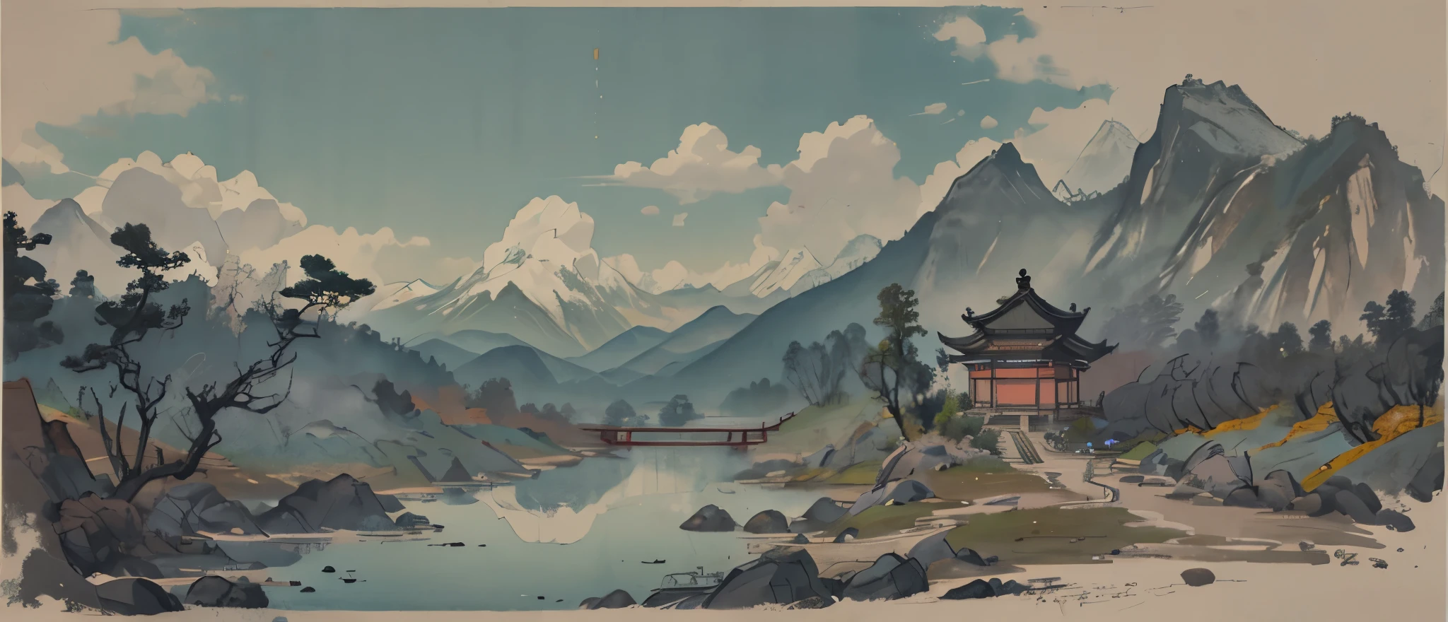 超高分辨率，tmasterpiece，8k，Wallpapers，HighestQuali，extremely detaile，Shen Mengxi's painting "Qianli Jiangshan" depicts a landscape in the style of the Song Dynasty, using meticulous brushwork combined with a touch of freehand brushwork. Among the layered mountains and peaks, pine trees grow, and there is a light green lake with a mirror-like surface. A stone bridge with a pavilion connects two mountains. In the distance, there are continuous far-off mountains and a pale blue sky ((without any clouds)), The setting sun hangs in the sky, creating a captivating scene,claborate-style painting,pixel world,a photo of shanshui by jinliang,zydink