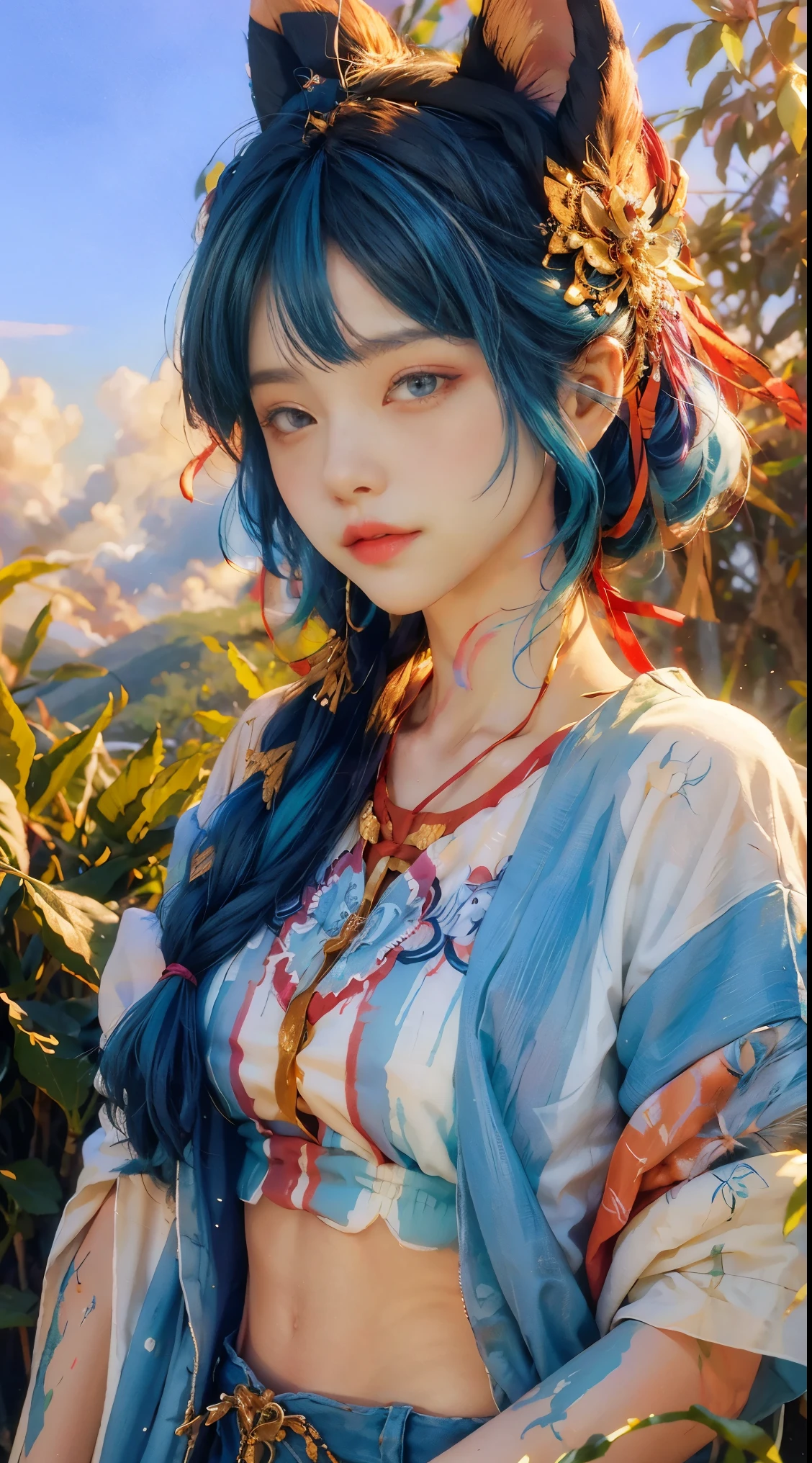 ((Beautiful and delicate face)),((colored hair)),((striped hair)),(gradient eyes),(Colored eyes)))),(White cloud background))),(high saturation))))(((surrounded by colorful paint)))((Bando))(((Upper body photos)))), Close-up of a woman wearing a blue jacket and shorts, she is wearing street clothes,, Neat rice seedlings in the field, forest, hillside, secluded, rural, HD details, Ultra-detailed,