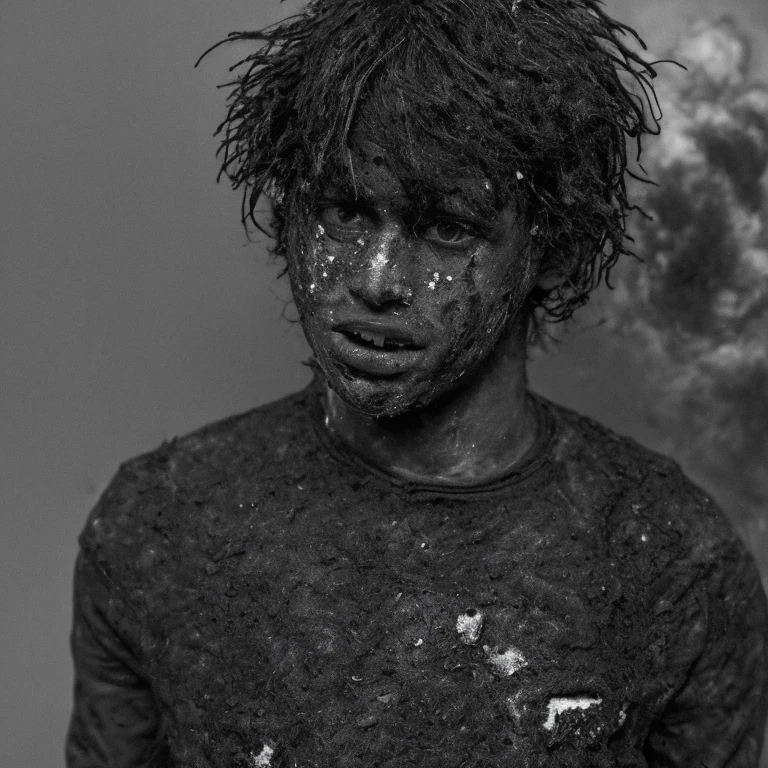 A tattered boy covered in soot that exploded during a science room synthesis failure.