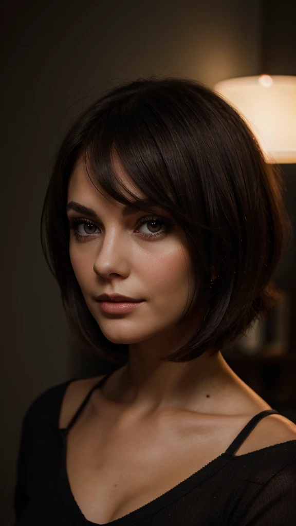 an eye contact of a brunette with bob hair and dark theme. in red