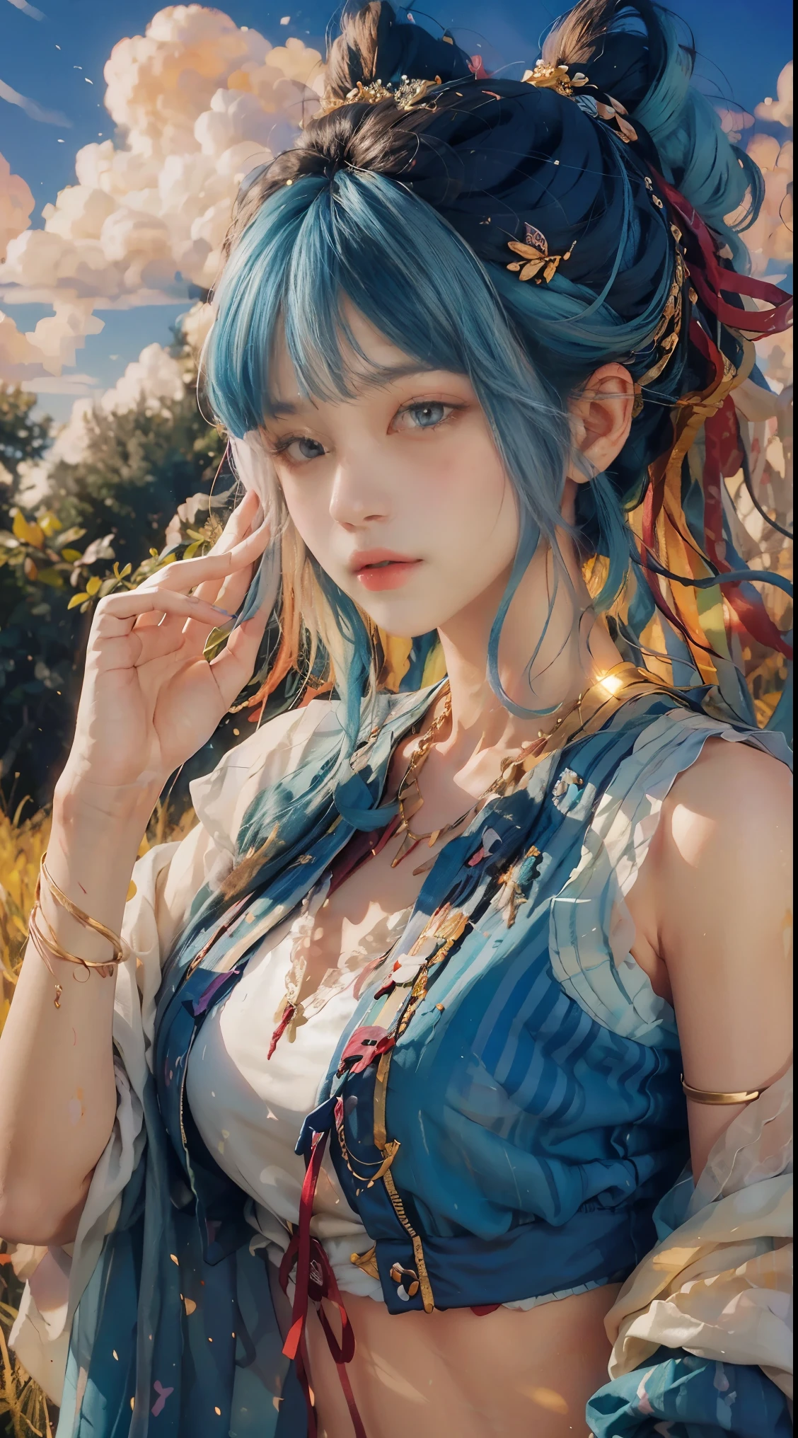 ((Beautiful and delicate face)),((colored hair)),((striped hair)),(gradient eyes),(Colored eyes)))),(White cloud background))),(high saturation))))(((surrounded by colorful paint)))((Bando))(((Upper body photos)))), Close-up of a woman wearing a blue jacket and shorts, she is wearing street clothes,, Neat rice seedlings in the field, forest, hillside, secluded, rural, HD details, Ultra-detailed,