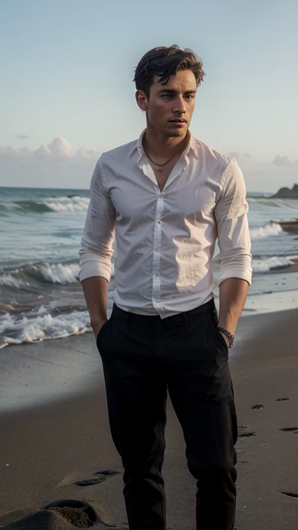A young man dressed all in black was on the beach with his body upright and his hands in his trouser pockets looking towards the sea