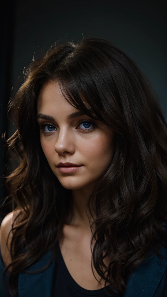 an eye contact of a brunette with long curly hair and dark theme. in blue