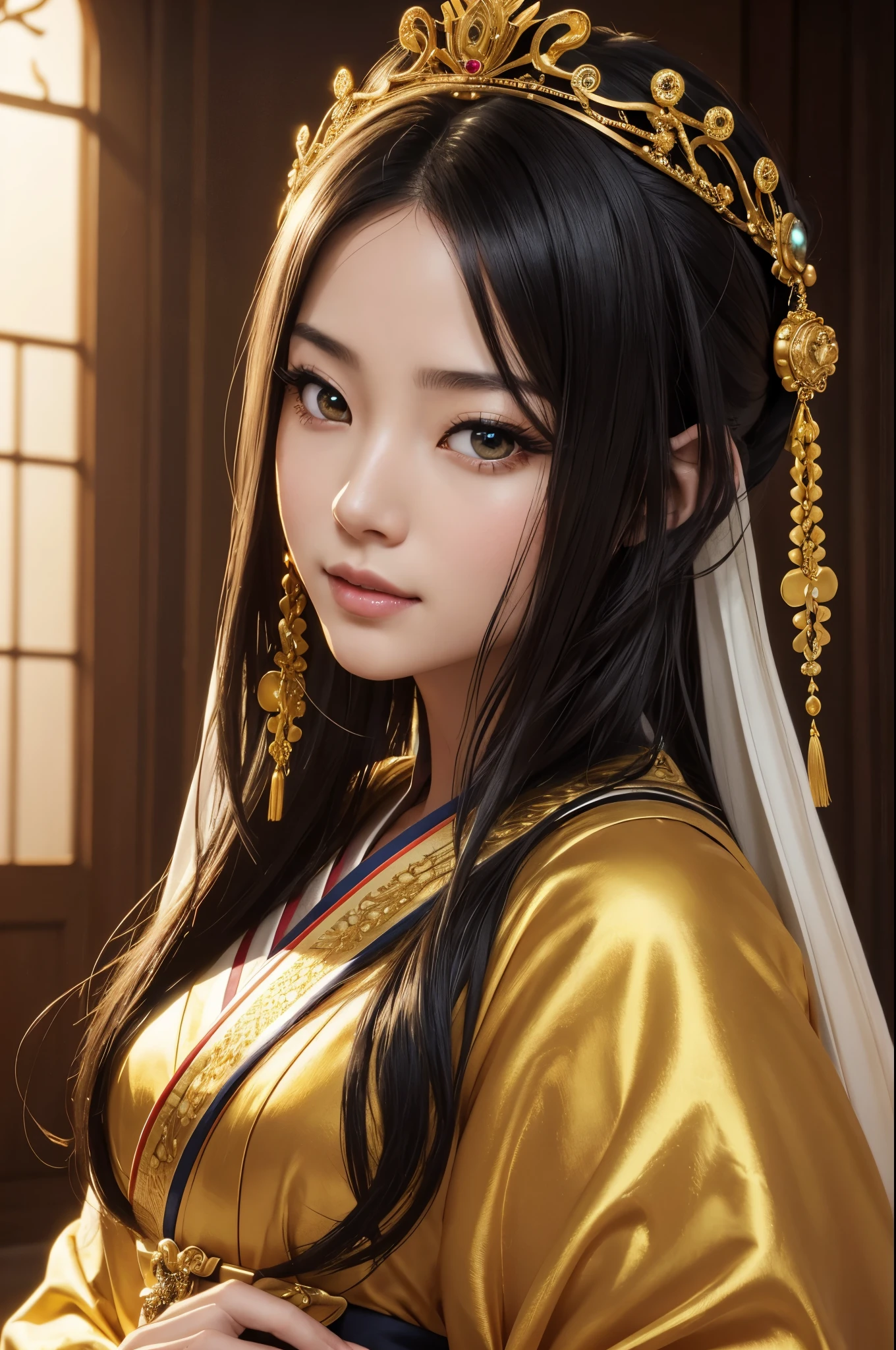 (8K,Photoreal　born写真　highest quality;1.4) 1 mature female,Super beautiful(lifelike face) ,(long black hair),Gorgeous Japanese women&#39;s traditional costumes,seduce the viewer,beautiful expression,moist black eyes,Queenのメイクアップ,(Queen),Charm,small breasts,Golden decoration,Super high resolution,surreal,high details,rich colors, Backlight, cinematic lighting, film grain, born, 50mm lens, Nikon D850,smile,Super realistic,highest qualityのフォトリアリスティックなRAW写真。Bright colors,perfect woman image,fantasy art,character art,background,A room in a big mansion,