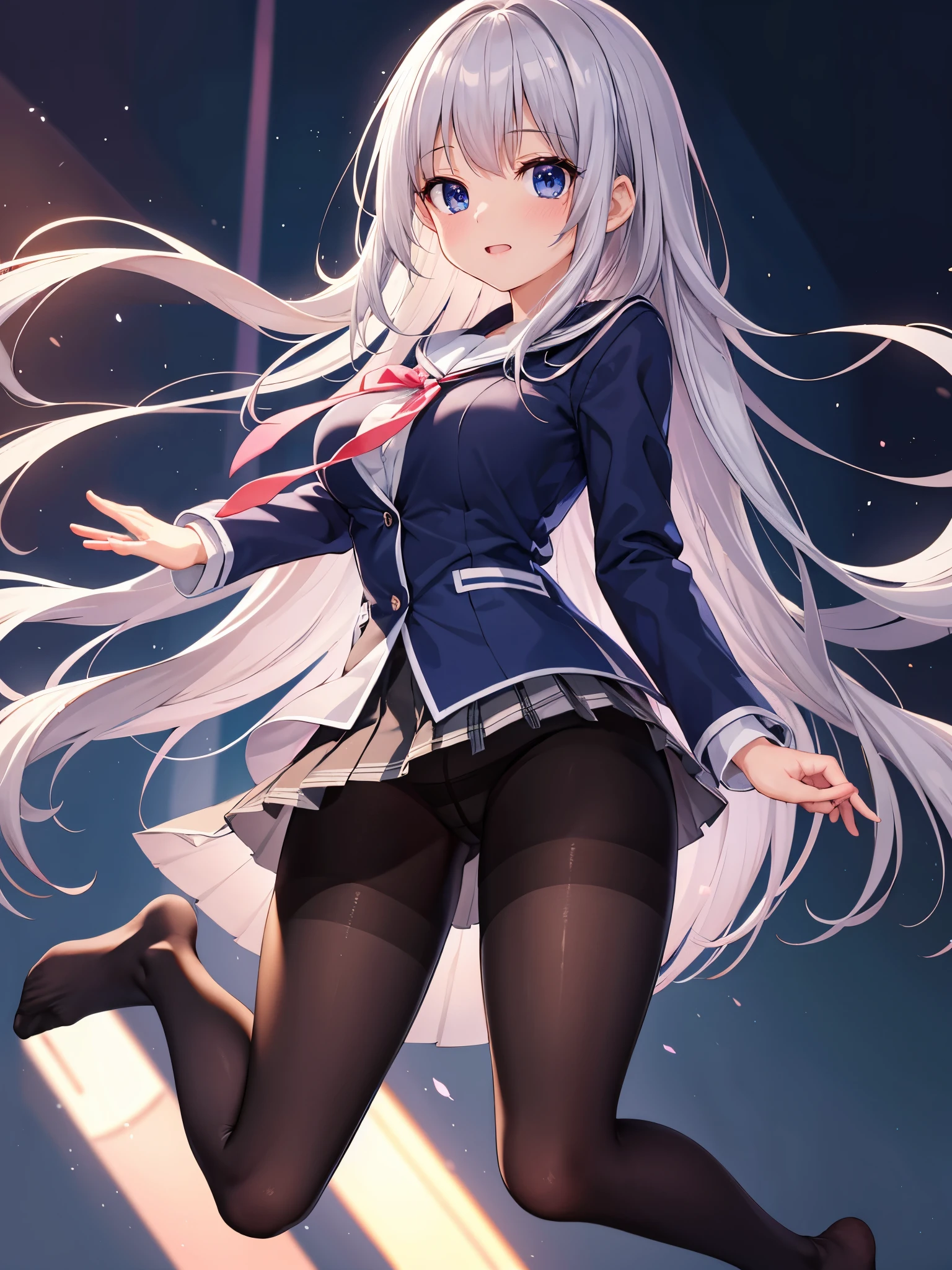 (1 girl),(high quality), (High resolution), (extremely detailed), (8K),(focus on lower body),(CG),high school girl、18-year-old girlfriend、girls high school uniform、navy pleated skirt、panties、(black pantyhose:1.2),erect nipple shape,No shoes、(neutral white lighting),Silver-pink hair