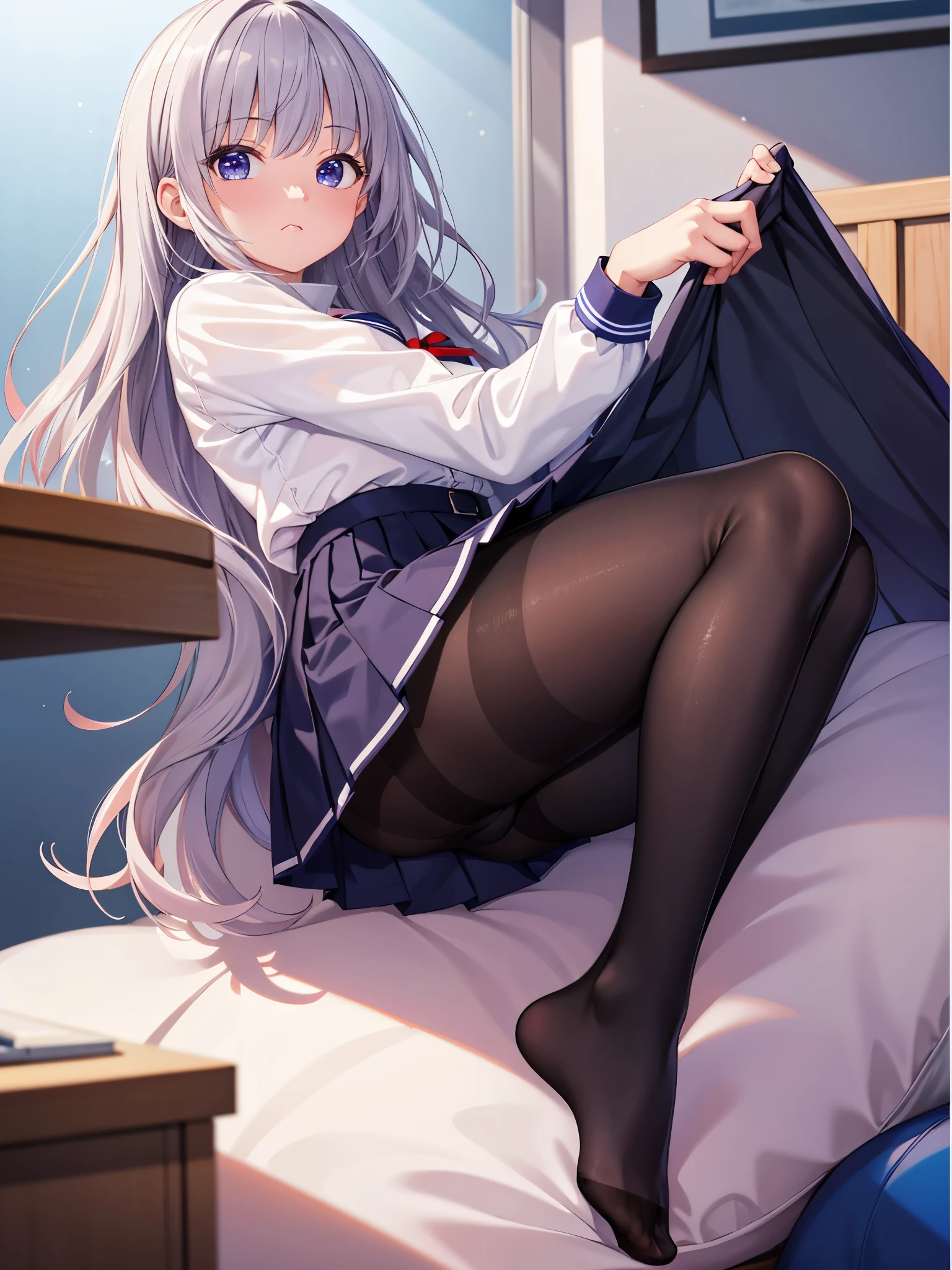 (1 girl),(high quality), (High resolution), (extremely detailed), (8K),(focus on lower body),(CG),high school girl、18-year-old girlfriend、girls high school uniform、navy pleated skirt、panties、(black pantyhose:1.2),erect nipple shape,No shoes、(neutral white lighting),Silver-pink hair