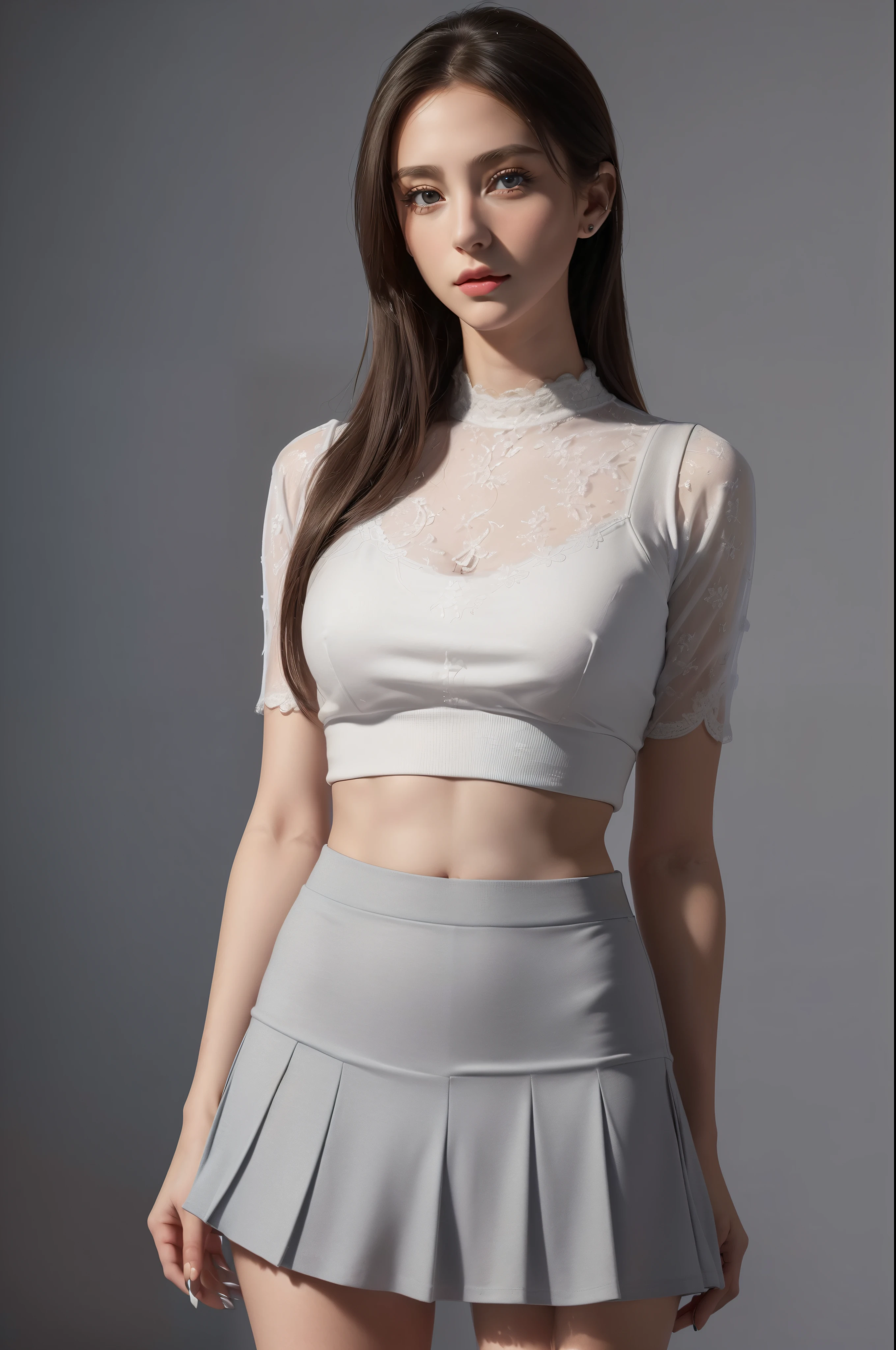 (Extremely detailed 8K wallpapers:1.2), (SFW:2), (A beautiful and delicate young lady:2), (wear:1.5), (White shirt:1), (gray dress:1), (high socks:1), (skirt:1.2), (transparent grey skirt:1), (crop top:1), (mini skirt:1), (grey skirt:1), (Ice skates:1), (Super detailed:1), (actual:1.37), (photoactual:1.37), (photo-actual:1.37),
This masterpiece showcases the stunning