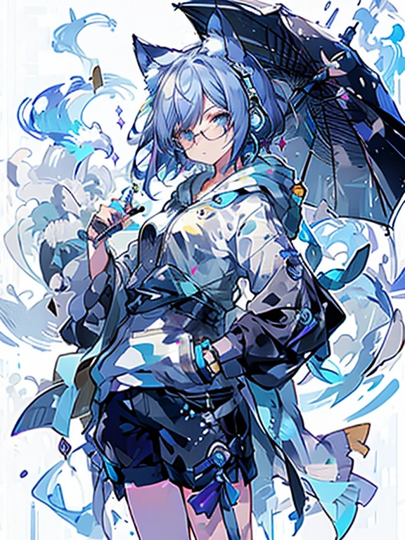 8K high quality、((first-class))、((masterpiece))、((Super detailed))、1 female、solo、outrageously absurd、oversized hoodie、headphones、street、Exterior light、Rain at night、neon、short cut hair、light colored eyes、put one&#39;s hand in one&#39;s pocket、shorts、Water dripping、blue hair gradient purple、bob hair、Glasses、Cat ear、animal ears、Sparkling eyes

