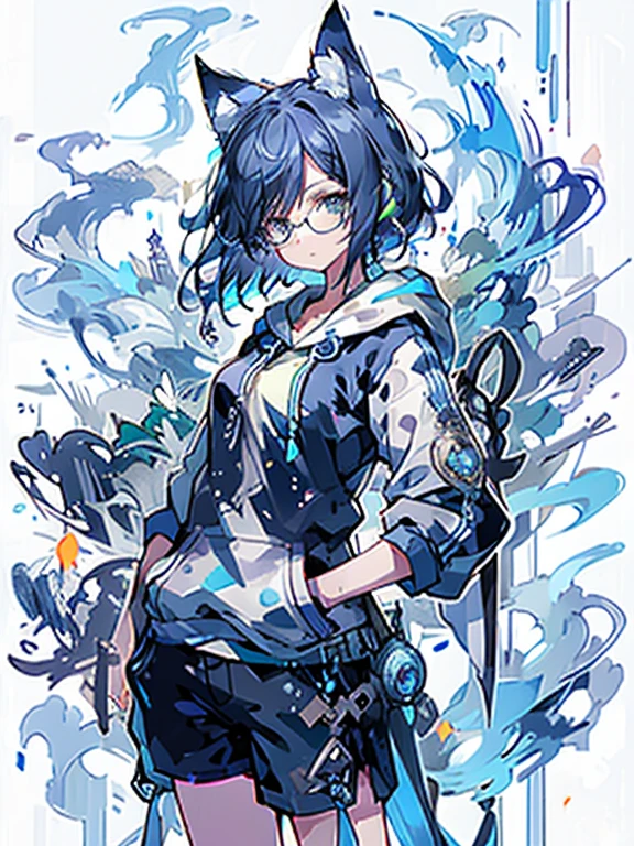 8K high quality、((first-class))、((masterpiece))、((Super detailed))、1 female、solo、outrageously absurd、oversized hoodie、headphones、street、Exterior light、Rain at night、neon、short cut hair、light colored eyes、put one&#39;s hand in one&#39;s pocket、shorts、Water dripping、blue hair gradient purple、bob hair、Glasses、Cat ear、animal ears、Sparkling eyes

