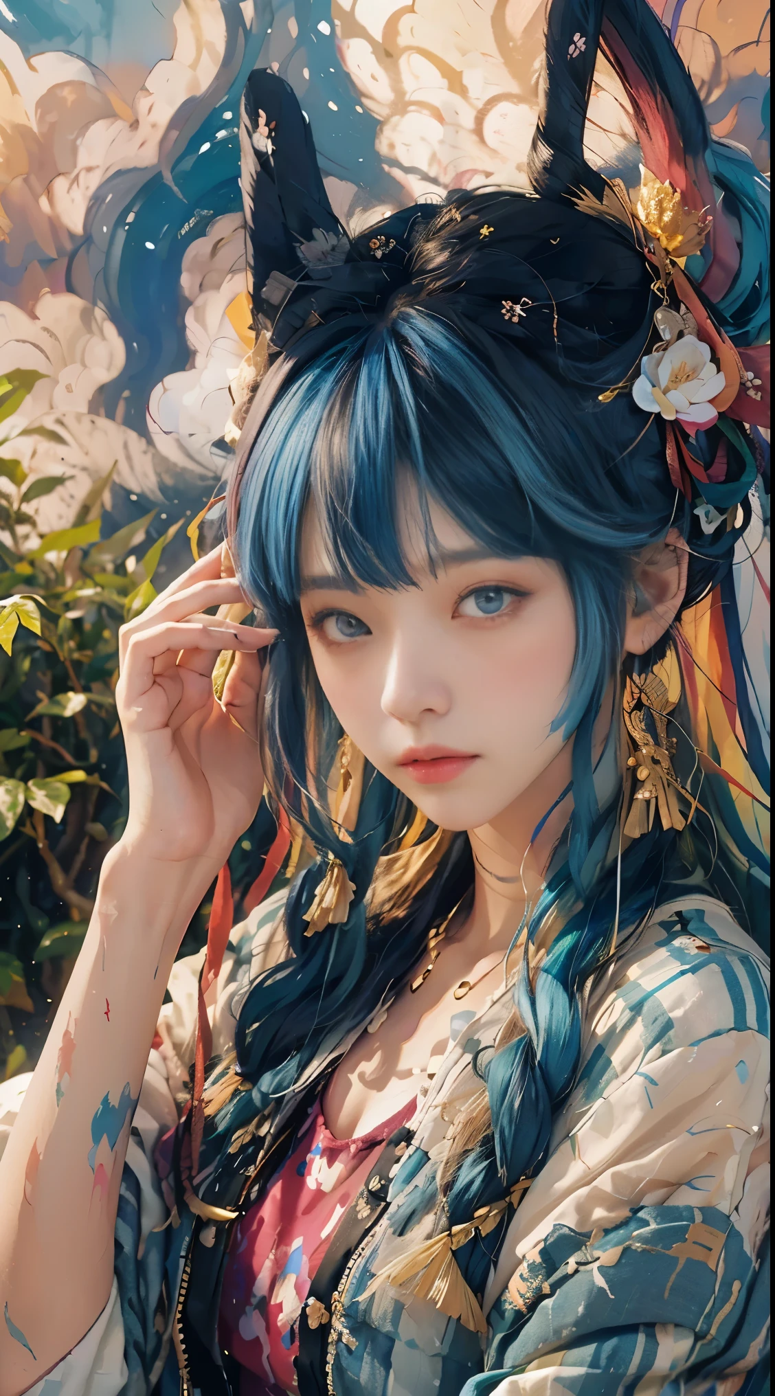 medium shot,((Beautiful and delicate face)),((colored hair)),((striped hair)),(gradient eyes),(Colored eyes)))),(White cloud background))),(high saturation))))(((surrounded by colorful paint)))((Bando))(((Upper body photos)))), Close-up of a woman wearing a blue jacket and shorts, she is wearing street clothes,, Neat rice seedlings in the field, forest, hillside, secluded, rural, HD details, Ultra-detailed,