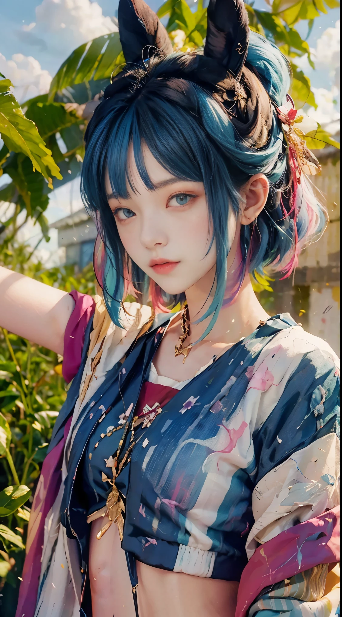 medium shot，((Beautiful and delicate face)),((colored hair)),((striped hair)),(gradient eyes),(Colored eyes)))),(White cloud background))),(high saturation))))(((surrounded by colorful paint)))((Bando))(((Upper body photos)))), Close-up of a woman wearing a blue jacket and shorts, she is wearing street clothes,, Neat rice seedlings in the field, forest, hillside, secluded, rural, HD details, Ultra-detailed,