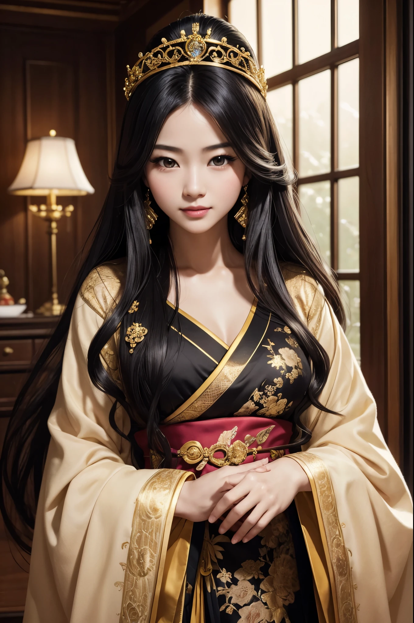 (8K,Photoreal born写真 highest quality;1.4) 1 mature female,Super beautiful(lifelike face) ,(long black hair),清楚なQueen,Gorgeous Japanese women's traditional costumes,seduce the viewer,beautiful expression,moist black eyes,Queenのメイクアップ,(Queen),Charm,small breasts,Golden decoration,筋肉質の細い身体のマッチョなQueen,Gorgeous hair ornaments,Super high resolution,surreal,high details,rich colors, Backlight, cinematic lighting, film grain, born, 50mm lens, Nikon D850,smile,Super realistic,highest qualityのフォトリアリスティックなRAW写真。Bright colors,perfect woman image,fantasy art,character art,background,A room in a big mansion,