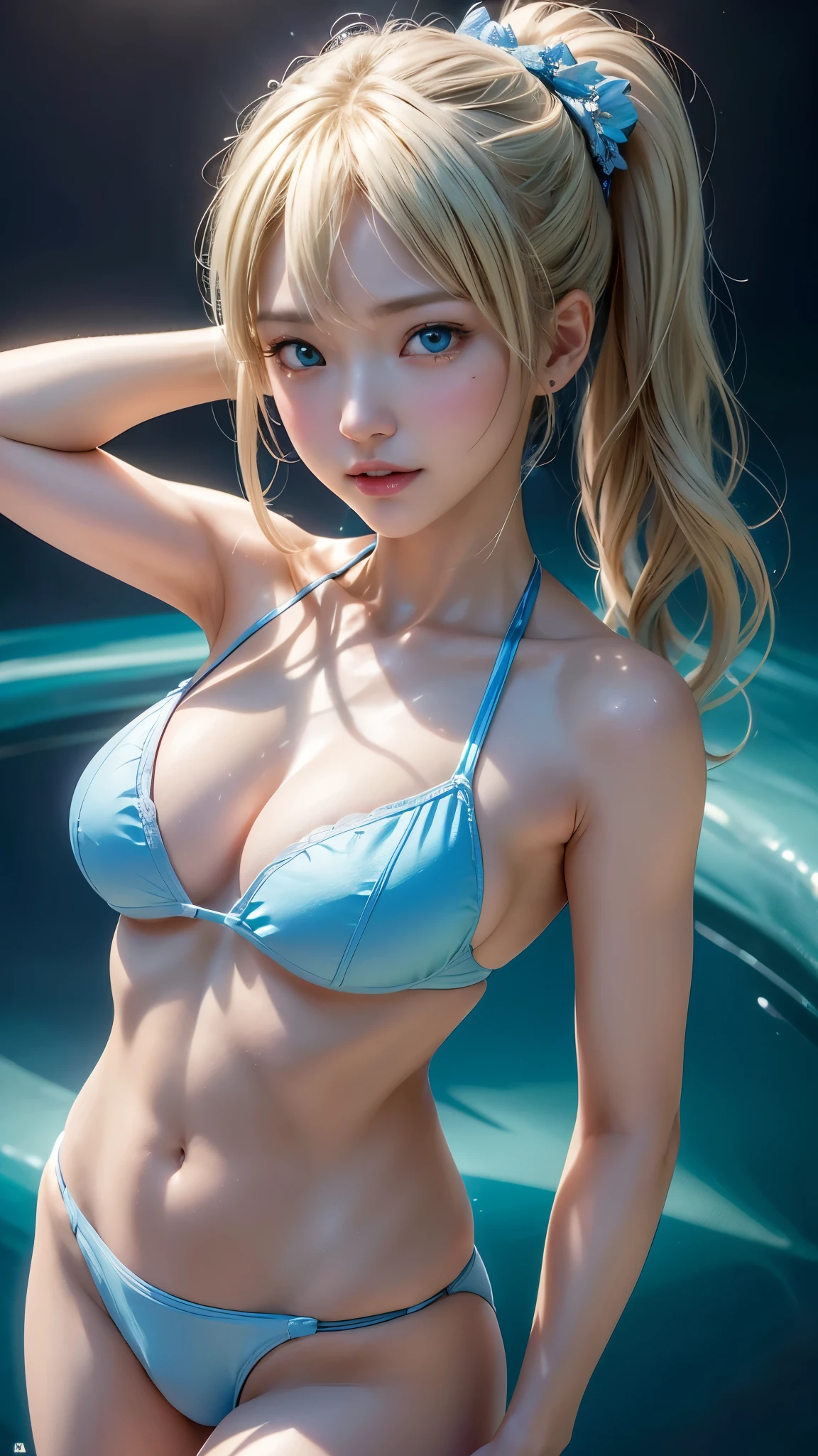 ((highest quality)), ((masterpiece)), (detailed:1.4), 。.。.。.3D, Images of beautiful swimsuit women,nffsw(high dynamic range),ray tracing,NVIDIA RTX,super resolution,unreal 5,Scattered beneath the surface,PBR texturing,post processing,anisotropic filtering,Depth of bounds written,maximum clarity and sharpness,multilayer texture,Albedo and specular maps,surface shading,Accurate simulation of light-matter interactions,perfect proportions,octane rendering,two-tone lighting,wide aperture,Low ISO、White balance、Rule of thirds、8K students、(())(((Shiny white and blue bikini)))(((blonde)))