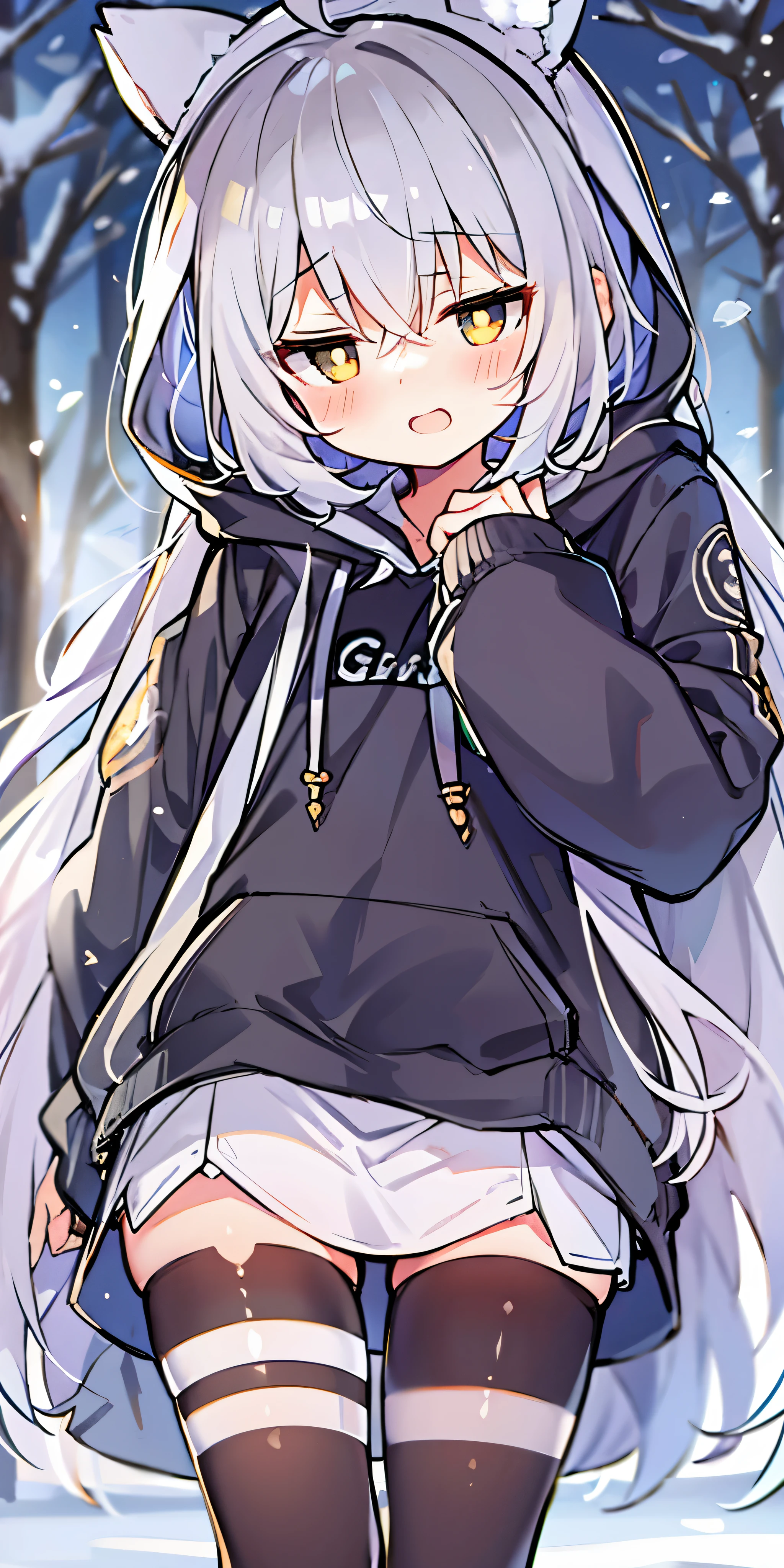 、long hair、cute、white stockings、Heart-shaped pupils、solo、gray hair、indoor、blush、winter、snow、outdoor,golden eyes、Ahoge、(((Black hoodie)))、
