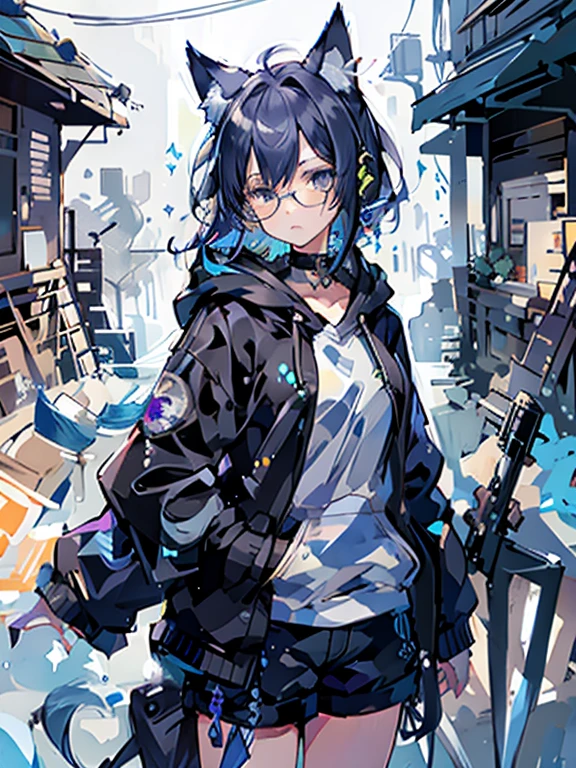 8K high quality、((first-class))、((masterpiece))、((Super detailed))、1 female、solo、outrageously absurd、oversized hoodie、headphones、street、Exterior light、Rain at night、neon、short cut hair、light colored eyes、put one&#39;s hand in one&#39;s pocket、shorts、Water dripping、blue hair gradient purple、bob hair、Glasses、Cat ear、animal ears、Sparkling eyes

