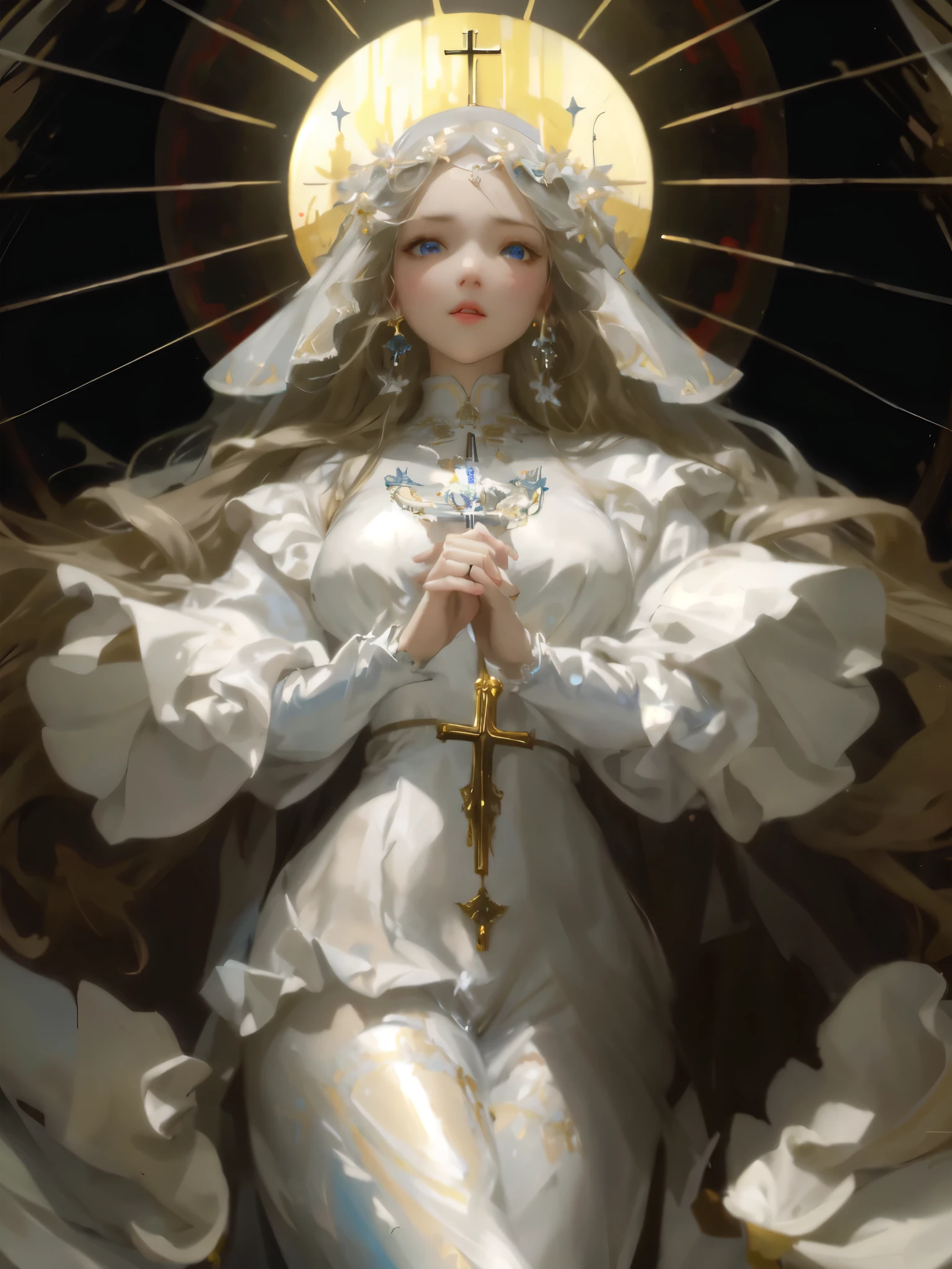One wearing a white dress、Arafad image of woman wearing cross, Gurwitz Masterpiece, guweiz on pixiv artstation, guweiz on artstation pixiv, guweiz, guweiz style artwork, noble saint, baroque figures, queen of heaven, Popular topics on artstation pixiv,beautiful aqua blue eyes,red lips,thigh