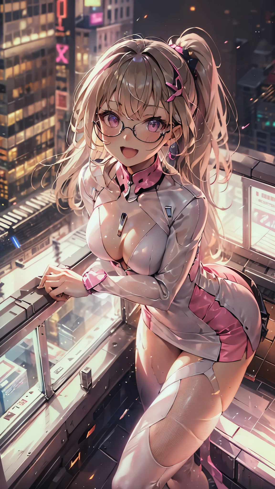 woman,,,city,night,(((White and pink tight miniskirt bodysuit))),,open mouth smile((See-through))glasses,((beautiful long ponytail)),((Baby girl bohape))((blonde))