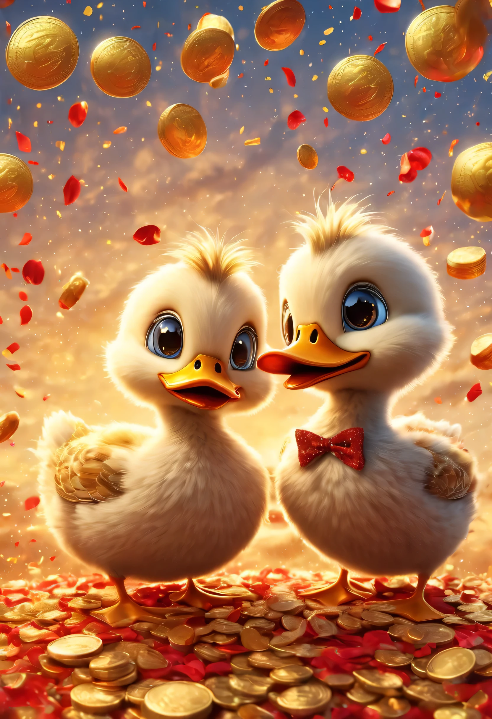 couple ducks，Wear couple clothes，Snuggle happily，exaggerated expression，exaggerated movements，big furry head，hairy body，sharp claws。Wow...There are many gold coins in the sky，Red and gold confetti flying in the sky，Gold coin rain，cornucopia，A strong festive atmosphere，Very lively。symmetry