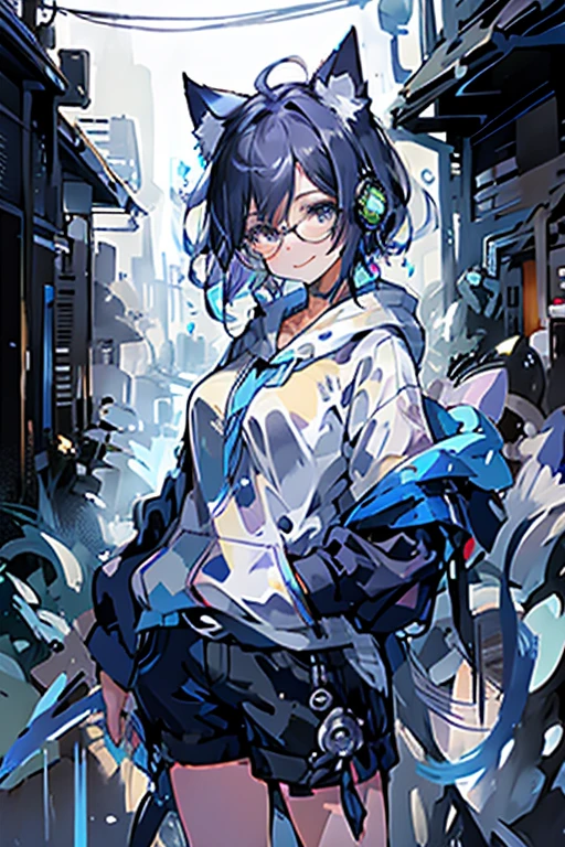 8K high quality、((first-class))、((masterpiece))、((Super detailed))、1 female、solo、outrageously absurd、oversized hoodie、headphones、street、Exterior light、Rain at night、neon、short cut hair、light colored eyes、put one&#39;s hand in one&#39;s pocket、shorts、Water dripping、blue hair gradient purple、bob hair、Glasses、Cat ear、animal ears、Sparkling eyes、smile

