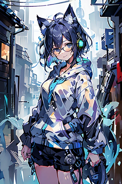 8K high quality、((first-class))、((masterpiece))、((Super detailed))、1 female、solo、outrageously absurd、oversized hoodie、headphones、street、Exterior light、Rain at night、neon、short cut hair、light colored eyes、put one&#39;s hand in one&#39;s pocket、shorts、Water dripping、blue hair gradient purple、bob hair、Glasses、Cat ear、animal ears、Sparkling eyes、smile

