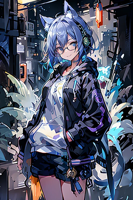 8K high quality、((first-class))、((masterpiece))、((Super detailed))、1 female、solo、outrageously absurd、oversized hoodie、headphones、street、Exterior light、Rain at night、neon、short cut hair、light colored eyes、put one&#39;s hand in one&#39;s pocket、shorts、Water dripping、blue hair gradient purple、bob hair、Glasses、Cat ear、animal ears、Sparkling eyes、smile

