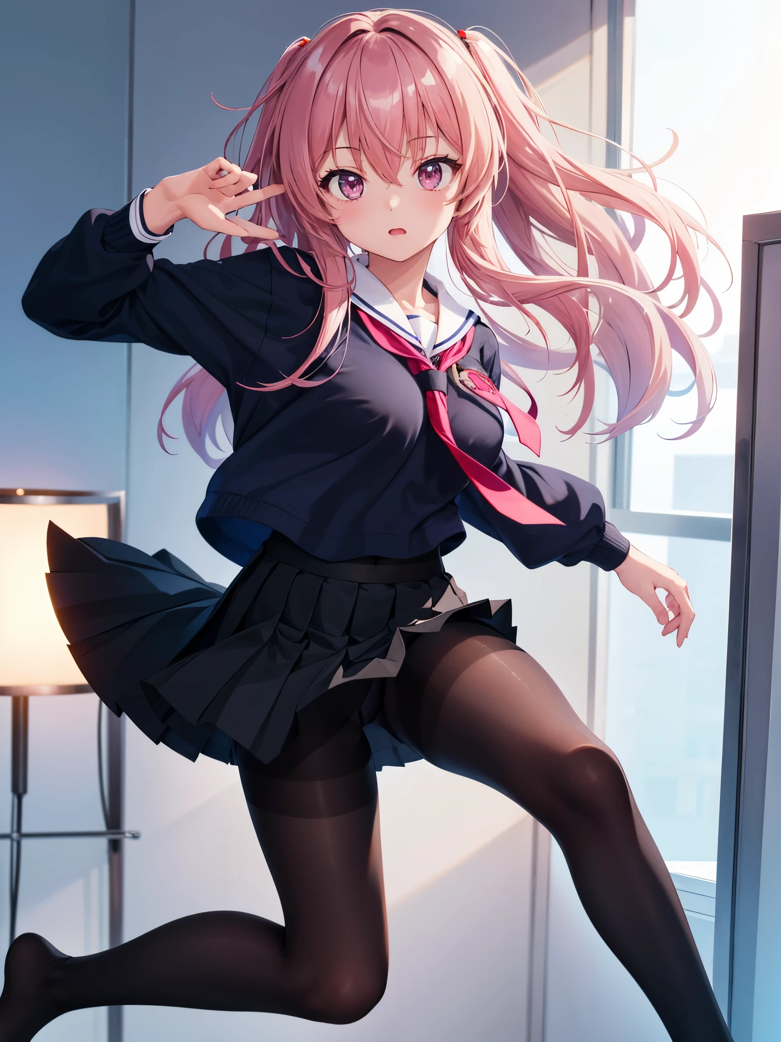 (1 girl),(high quality), (High resolution), (extremely detailed), (8K),(focus on lower body),(CG),high school girl、18-year-old girlfriend、girls high school uniform、navy pleated skirt、panties、(black pantyhose:1.2),(erect nipple shape),No shoes、(neutral white lighting),pink hair,Flipping up the skirt