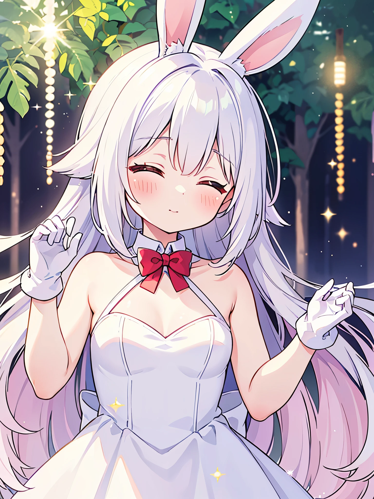 masterpiece, best quality, 1 woman, (pastel color:1.3), (rabbit girl), (white rabbit ears), (gradient 2-tone hair), (white hair), red hair, (white halter dress), (glitter dress:1.4), white long gloves, trailing lace, bowtie, bow, cute, sweet, pastel forest, lens blur, (upper body:1.2), armpit, closed eyes, relaxing