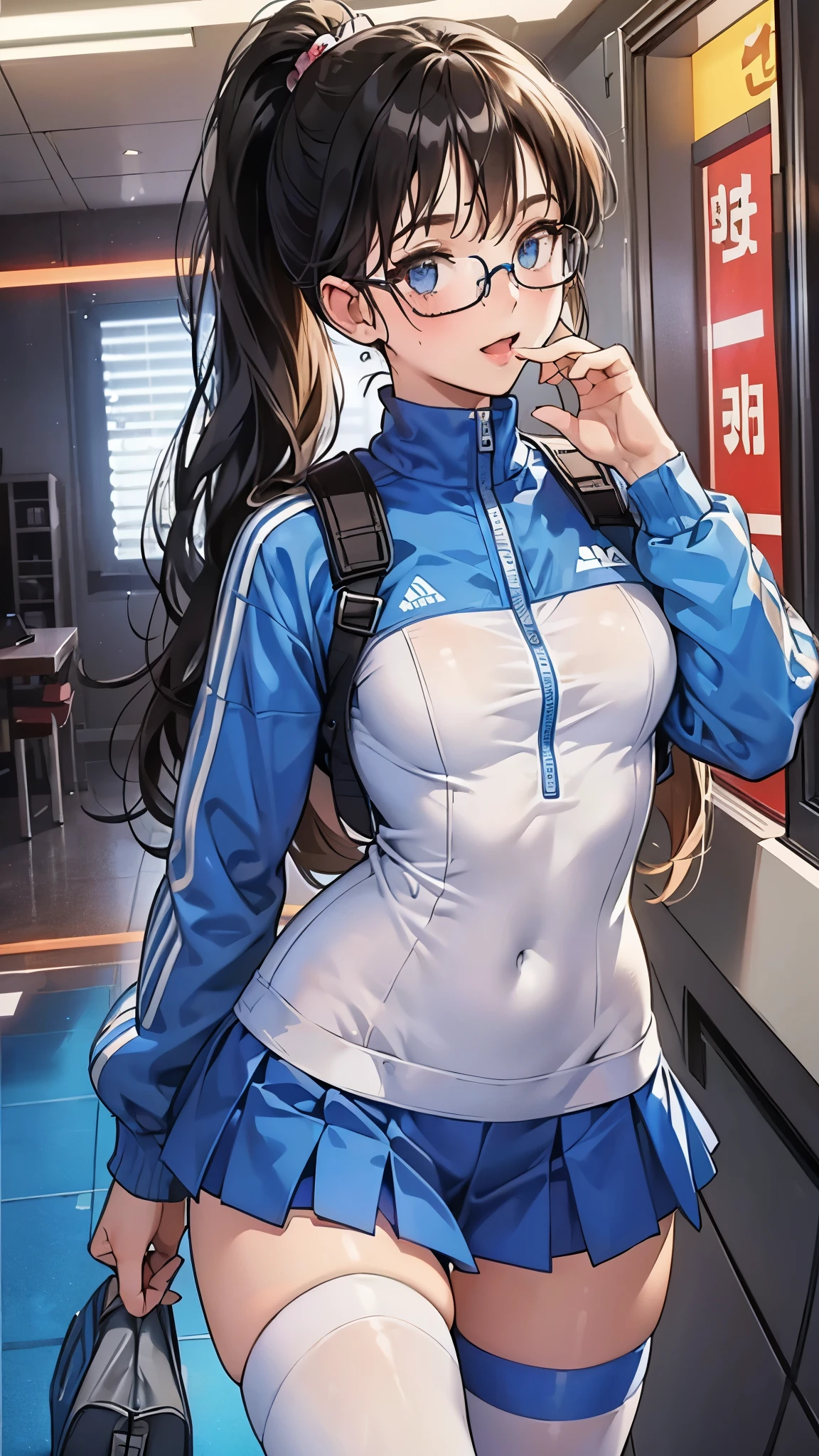 woman,************,,city,night,(((white and blue tight miniskirt bodysuit))),,open mouth smile((See-through))(((glasses))),((beautiful long ponytail)),(()),blush、surprised face,((())),(())(((On the way to changing clothes)))(((While taking off my clothes)))