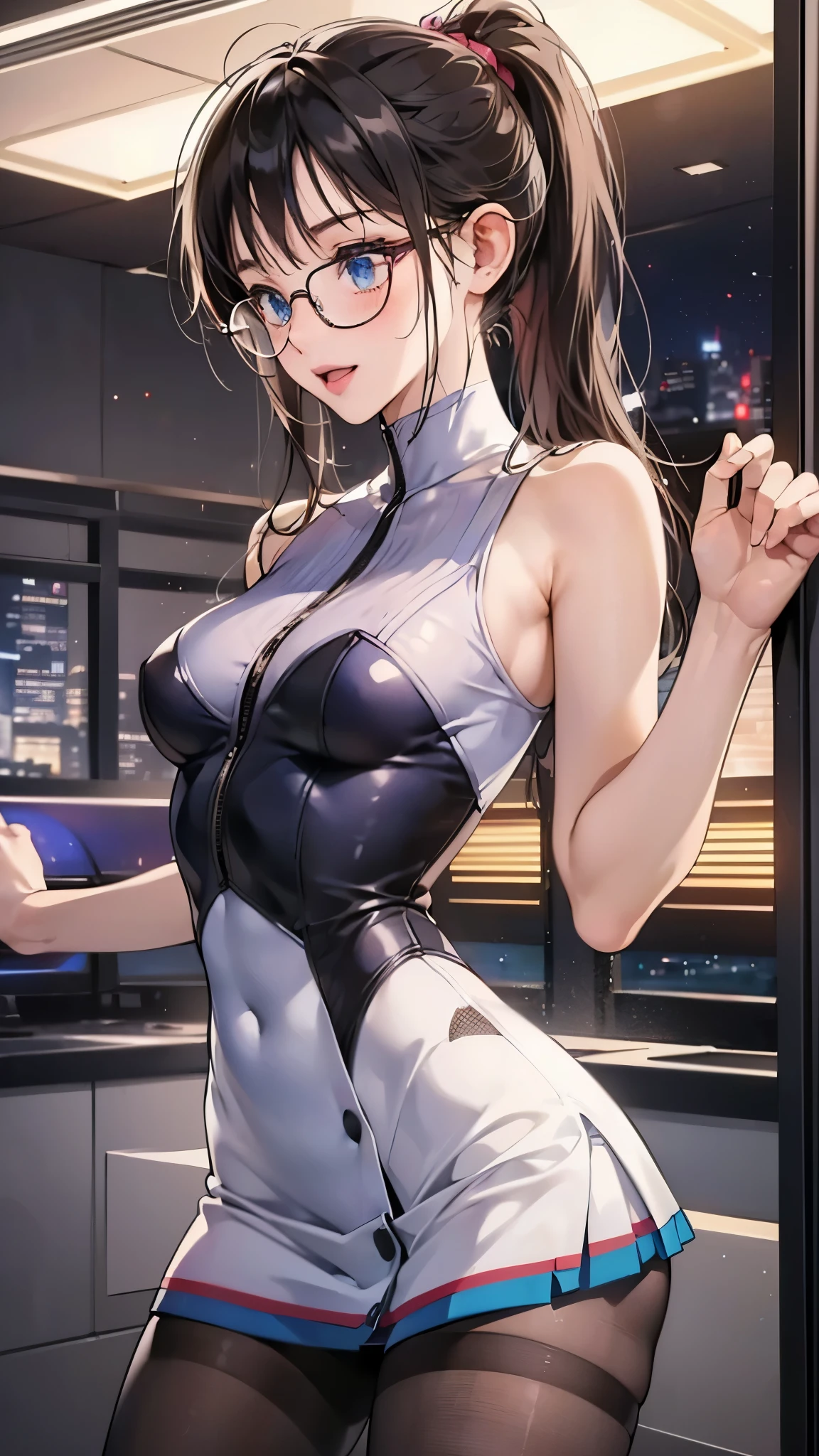 woman,14 years old,,city,night,(((white and blue tight miniskirt bodysuit))),,open mouth smile((See-through))(((glasses))),((beautiful long ponytail)),(()),blush、surprised face,((())),(())(((On the way to changing clothes)))(((While taking off my clothes)))