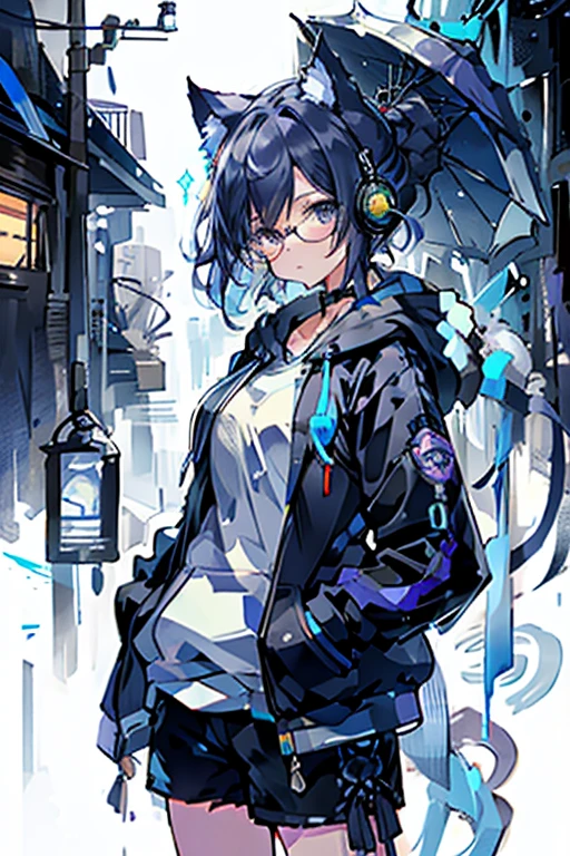 8K high quality、((first-class))、((masterpiece))、((Super detailed))、1 female、solo、outrageously absurd、oversized hoodie、headphones、street、Exterior light、Rain at night、neon、short cut hair、light colored eyes、put one&#39;s hand in one&#39;s pocket、shorts、Water dripping、blue hair gradient purple、bob hair、Glasses、Cat ear、animal ears、Sparkling eyes、soft expression

